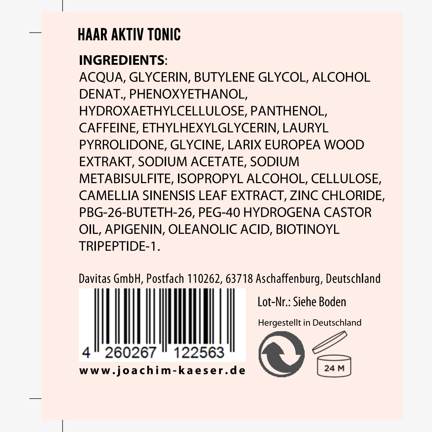 Etikett eines Haar Aktiv Tonics mit Inhaltsstoffliste und Barcode.