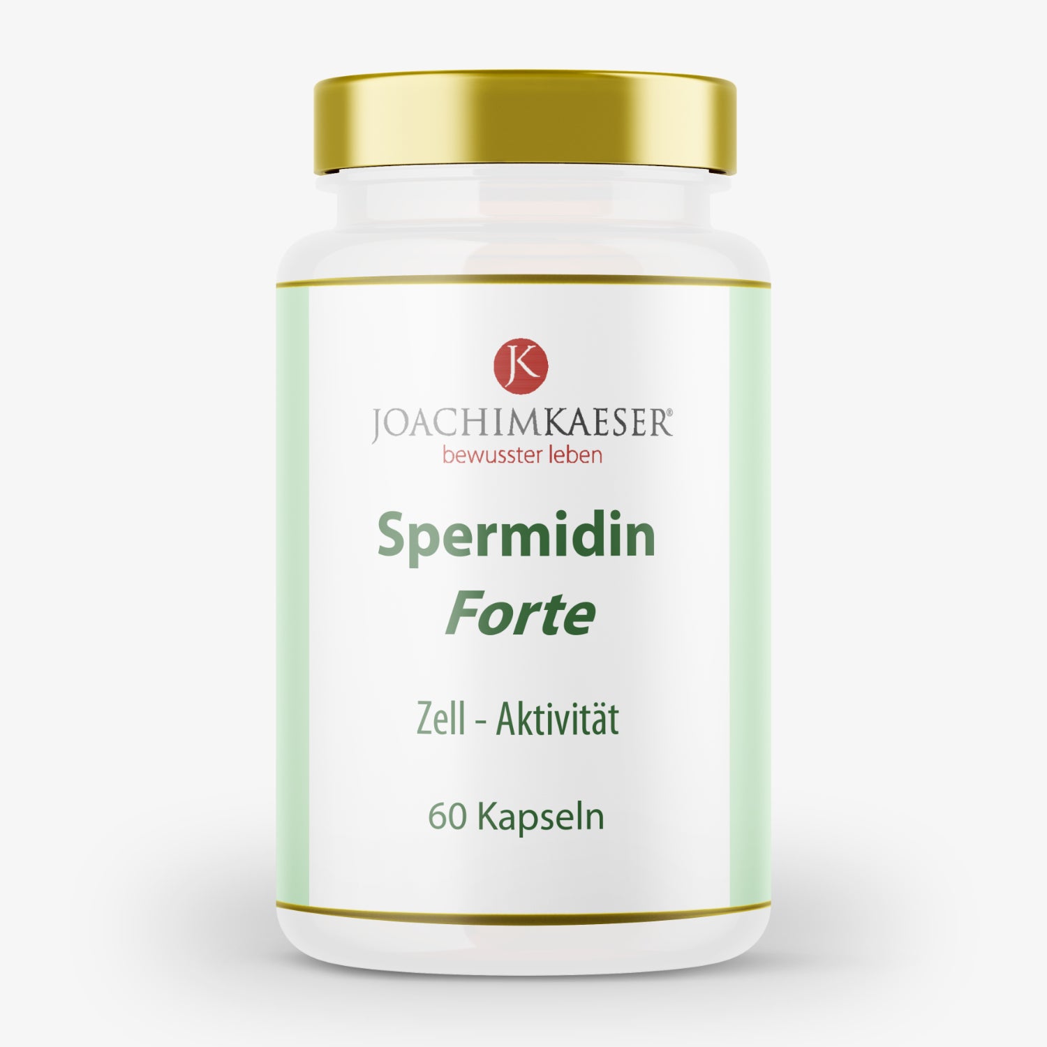 Weiße Dose mit goldfarbenem Deckel, beschriftet mit "Spermidin Forte, Zell-Aktivität, 60 Kapseln".