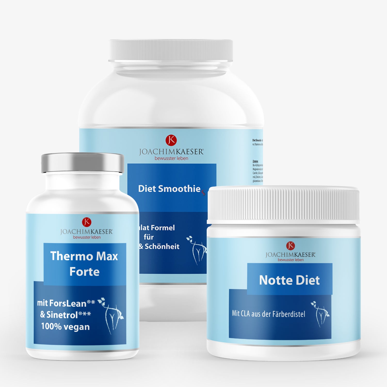 Drei Nahrungsergänzungsmittel mit blauen Etiketten von Joachim Kaeser: Thermo Max Forte, Diet Smoothie, Notte Diet.