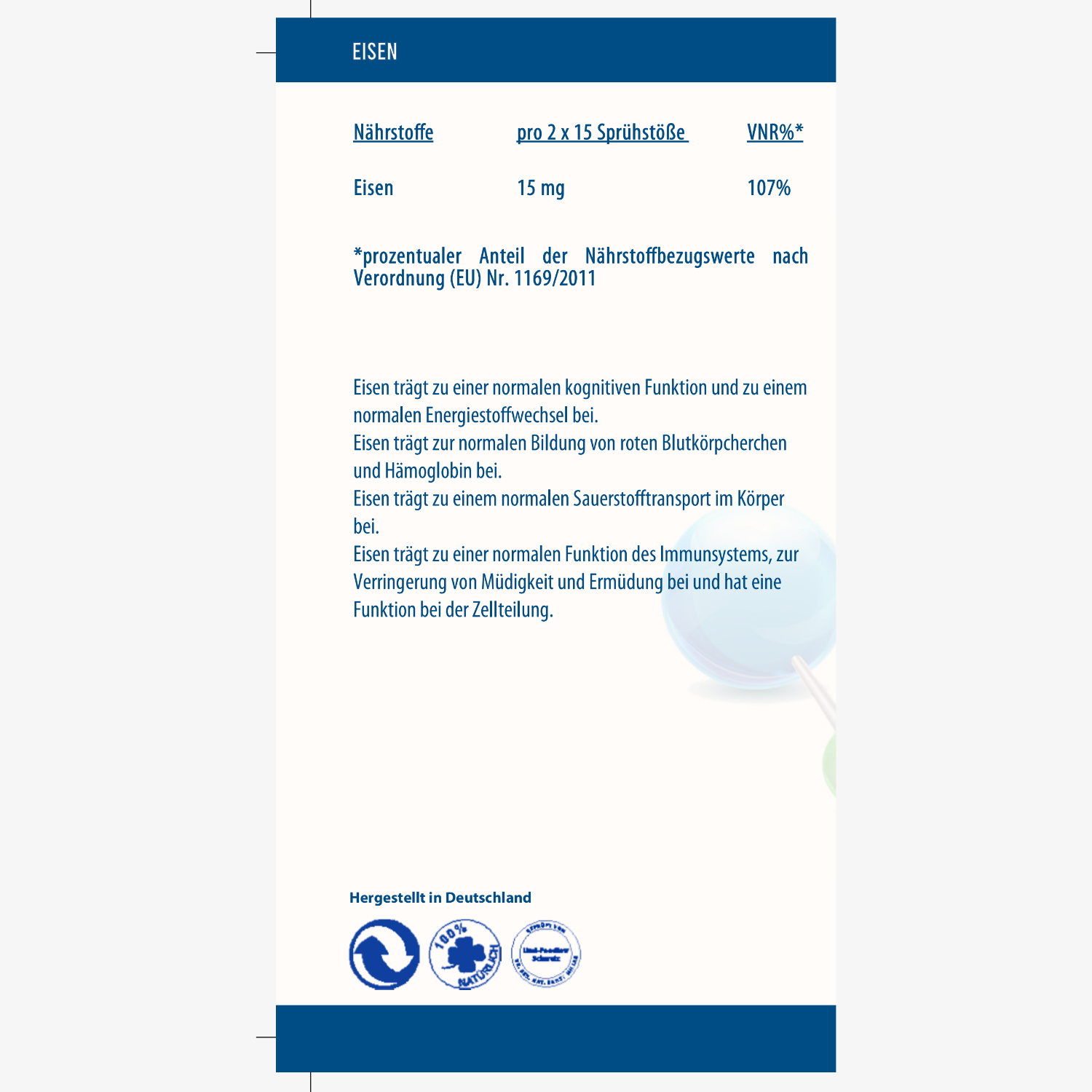 Etikett mit Informationen über Eisen: 15 mg pro 30 Sprühstöße, trägt zur normalen Funktion des Körpers bei, hergestellt in Deutschland.