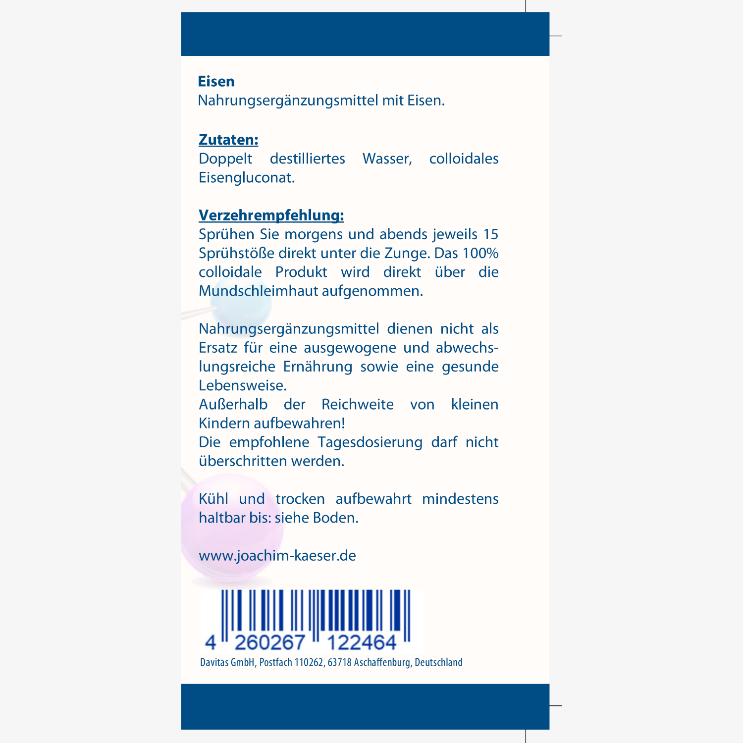 Etikett eines Nahrungsergänzungsmittels mit Eisen, Zutaten, Verzehrempfehlung und Herstellerinformation.