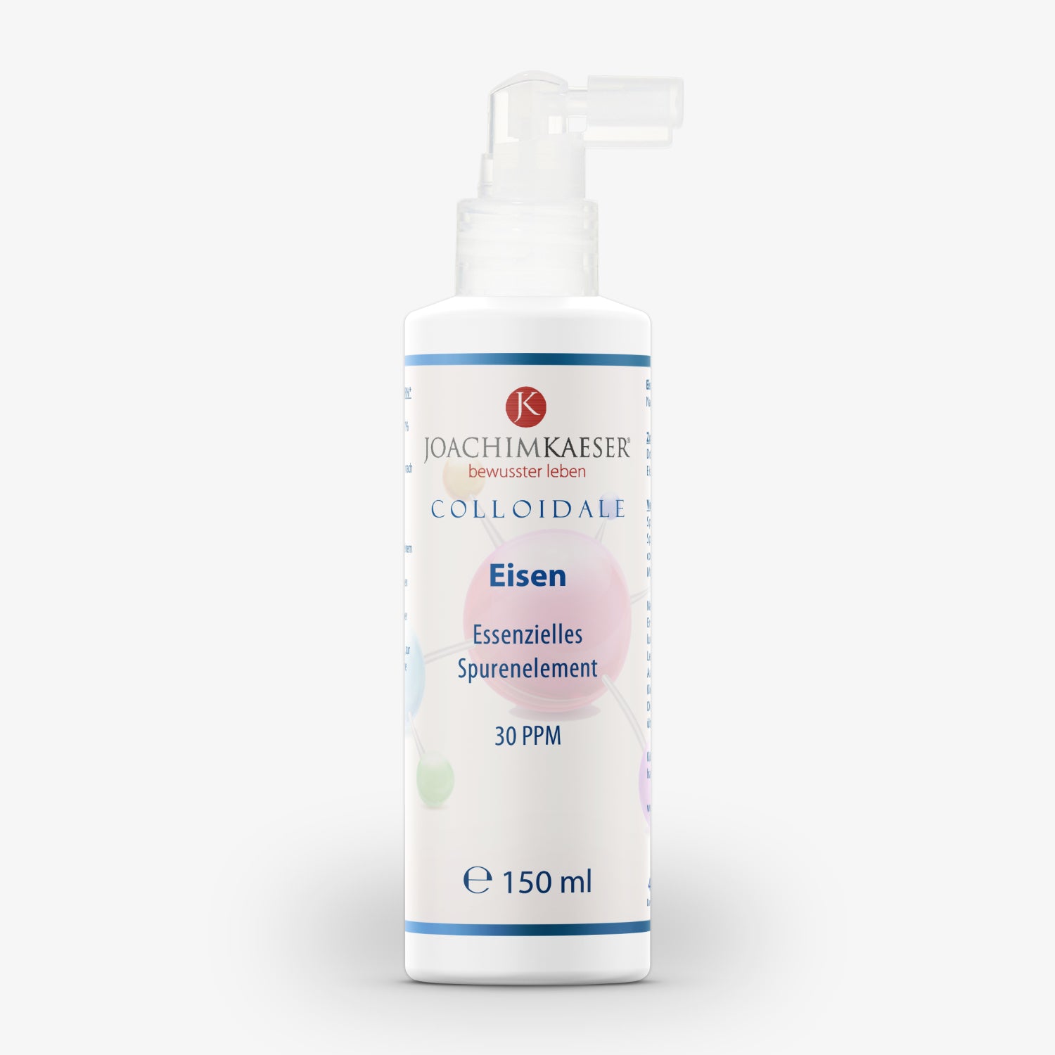 Flasche mit Produktetikett von Joachim Kaeser, "Colloidale Eisen", essenzielles Spurenelement, 150 ml.