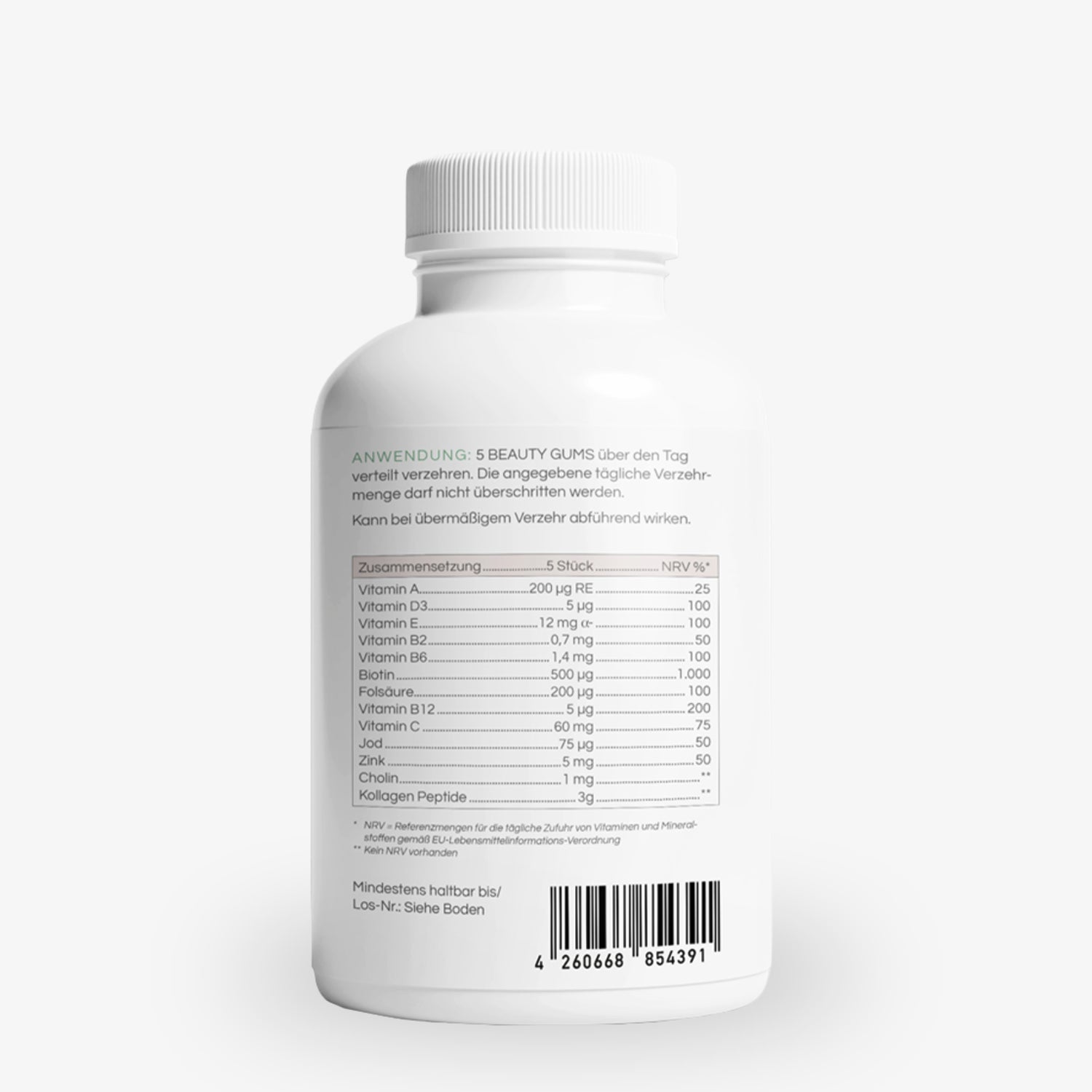 Rückseite einer weißen Flasche mit Nährwerttabelle und Gebrauchsanweisung auf dem Etikett.