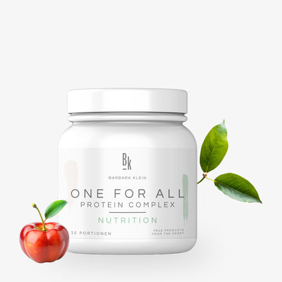 ONE FOR ALL PROTEIN COMPLEX Proteinpulver in einem Behälter mit Vitamin C aus Acerola und natürlichen Zutaten.