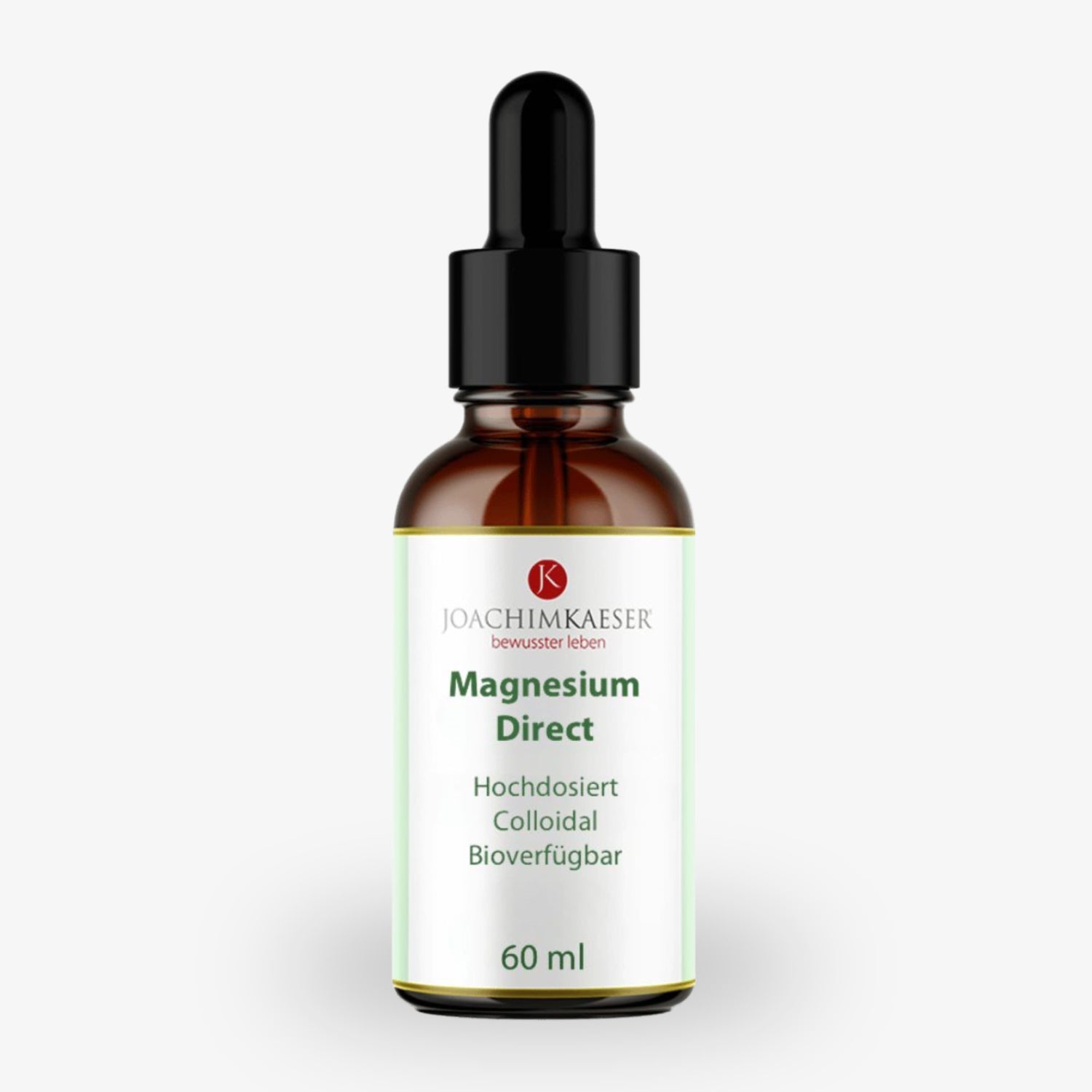 Braune Flasche mit Pipette, beschriftet mit "Magnesium Direct" und weiteren Details, Inhalt 60 ml.