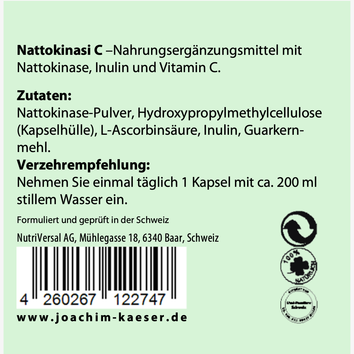 Etikett einer Nahrungsergänzung mit Nattokinase, Inulin, Vitamin C, Zutatenliste, Verzehrempfehlung und Barcode.
