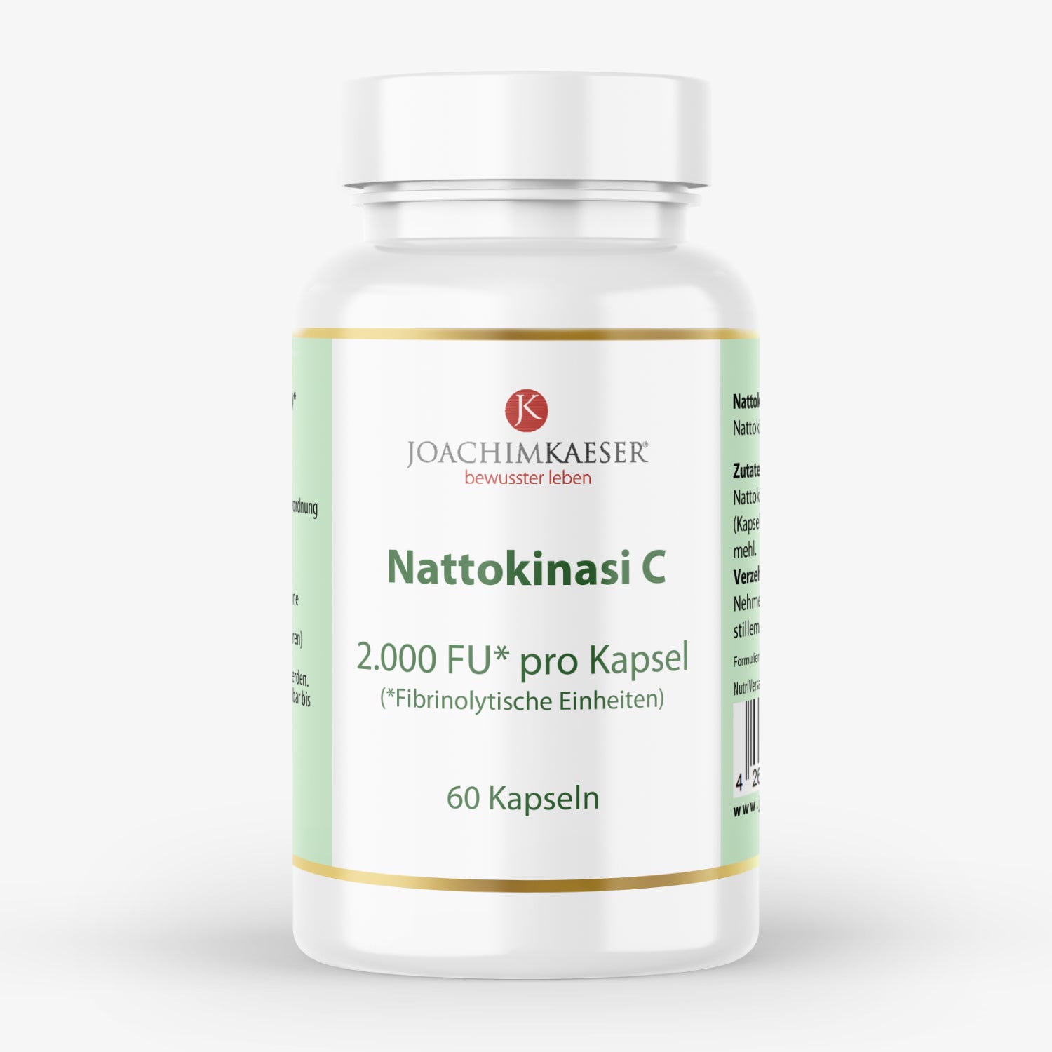 Dose einer Nahrungsergänzung mit Nattokinase C von Joachim Kaeser, 60 Kapseln, 2.000 FU pro Kapsel.