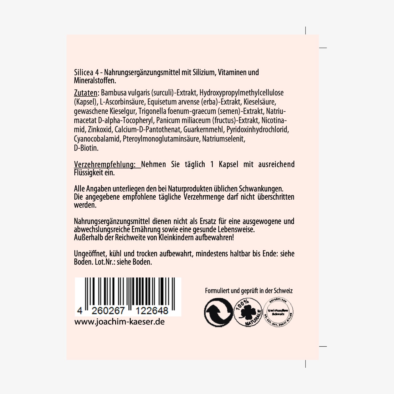 Etikett einer Nahrungsergänzungsmittel-Verpackung mit Inhalts- und Verzehrangaben, Barcode und Herstellerinformationen.