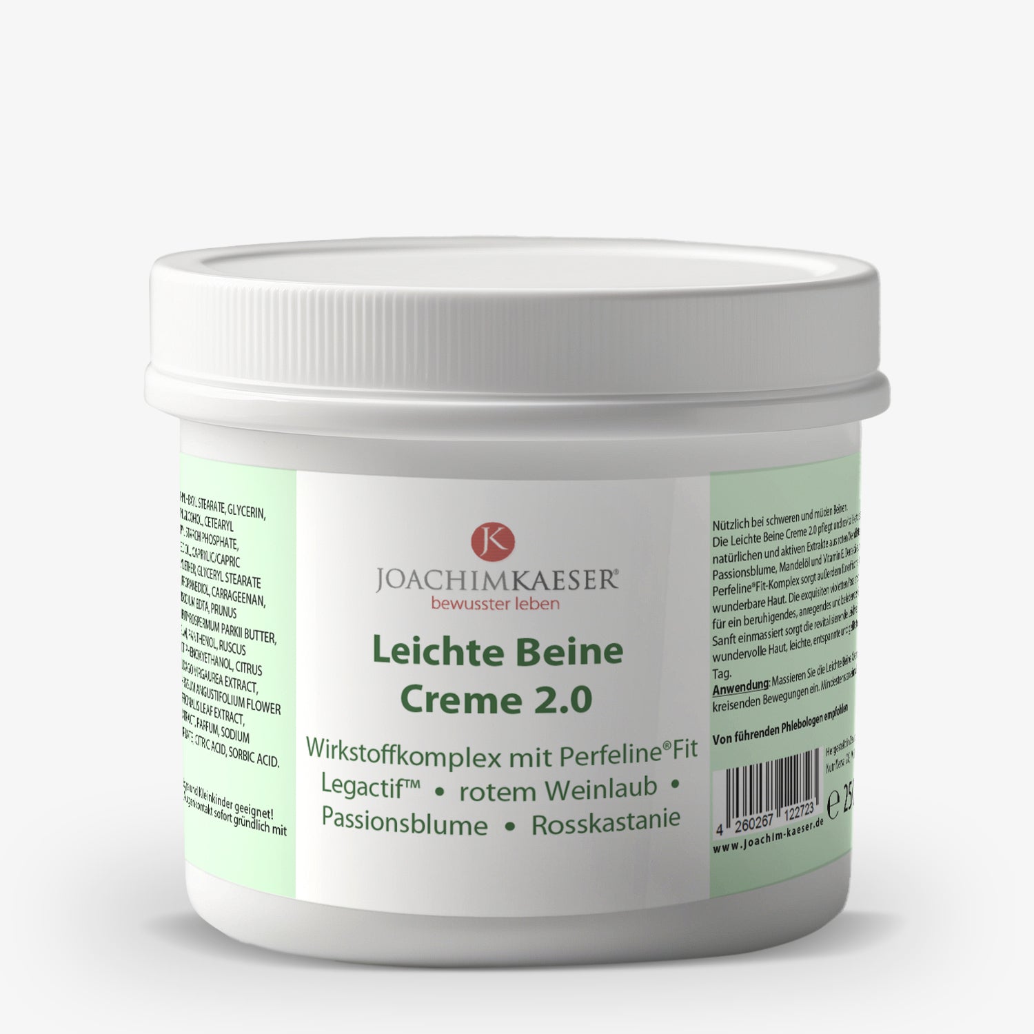 Weiße Dose der Joachim Kaeser Leichte Beine Creme 2.0 mit grünem Etikett und Inhaltsangaben.