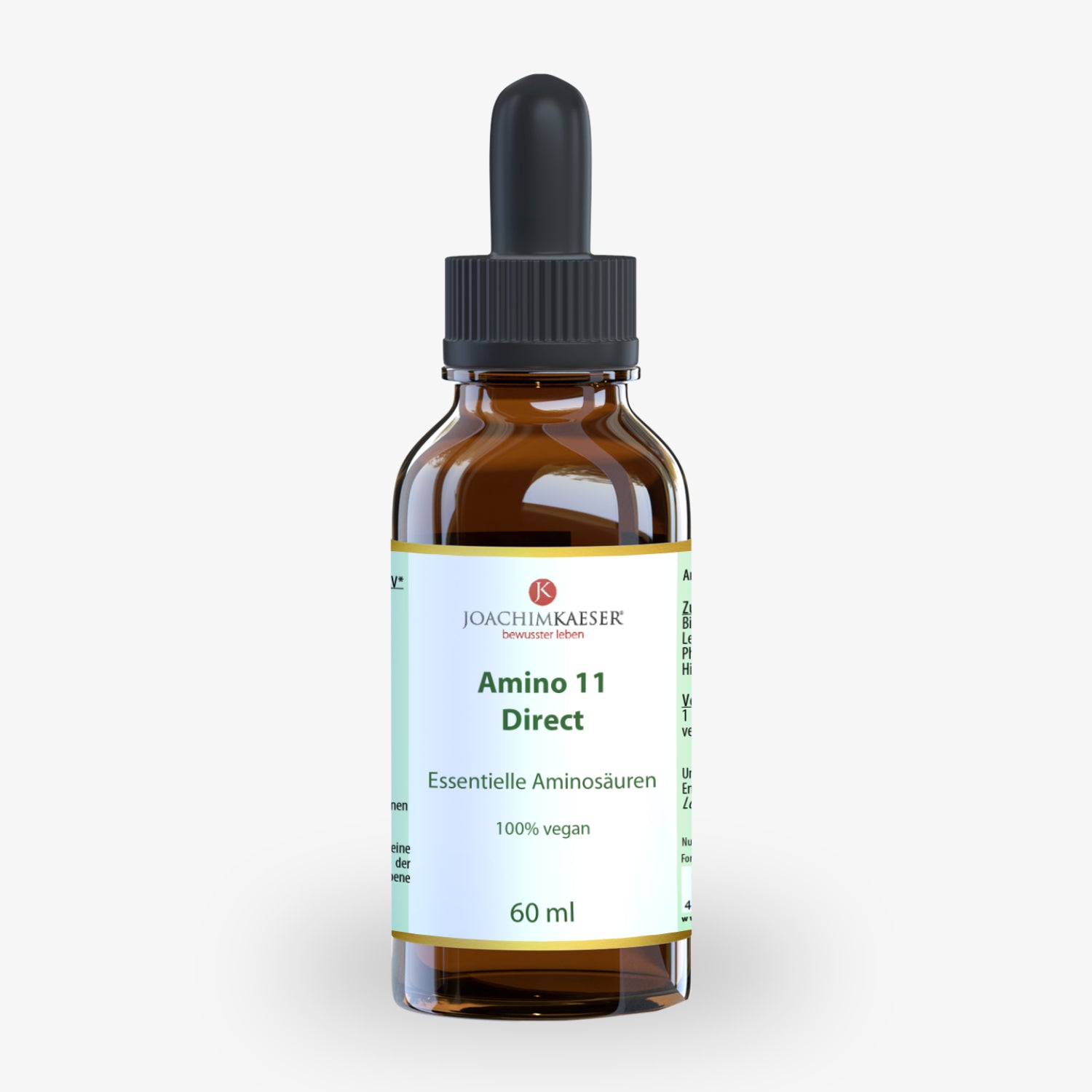 Braune Glasflasche mit Pipette, beschriftet "Amino 11 Direct" von Joachim Kaeser, enthält 60 ml vegane Aminosäuren.