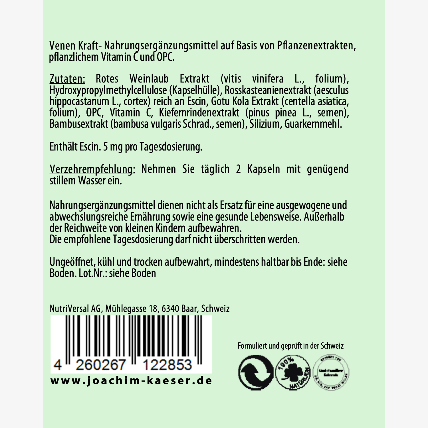 Etikett eines Nahrungsergänzungsmittels mit Zutatenliste, Verzehrempfehlung und Herstellerangaben.