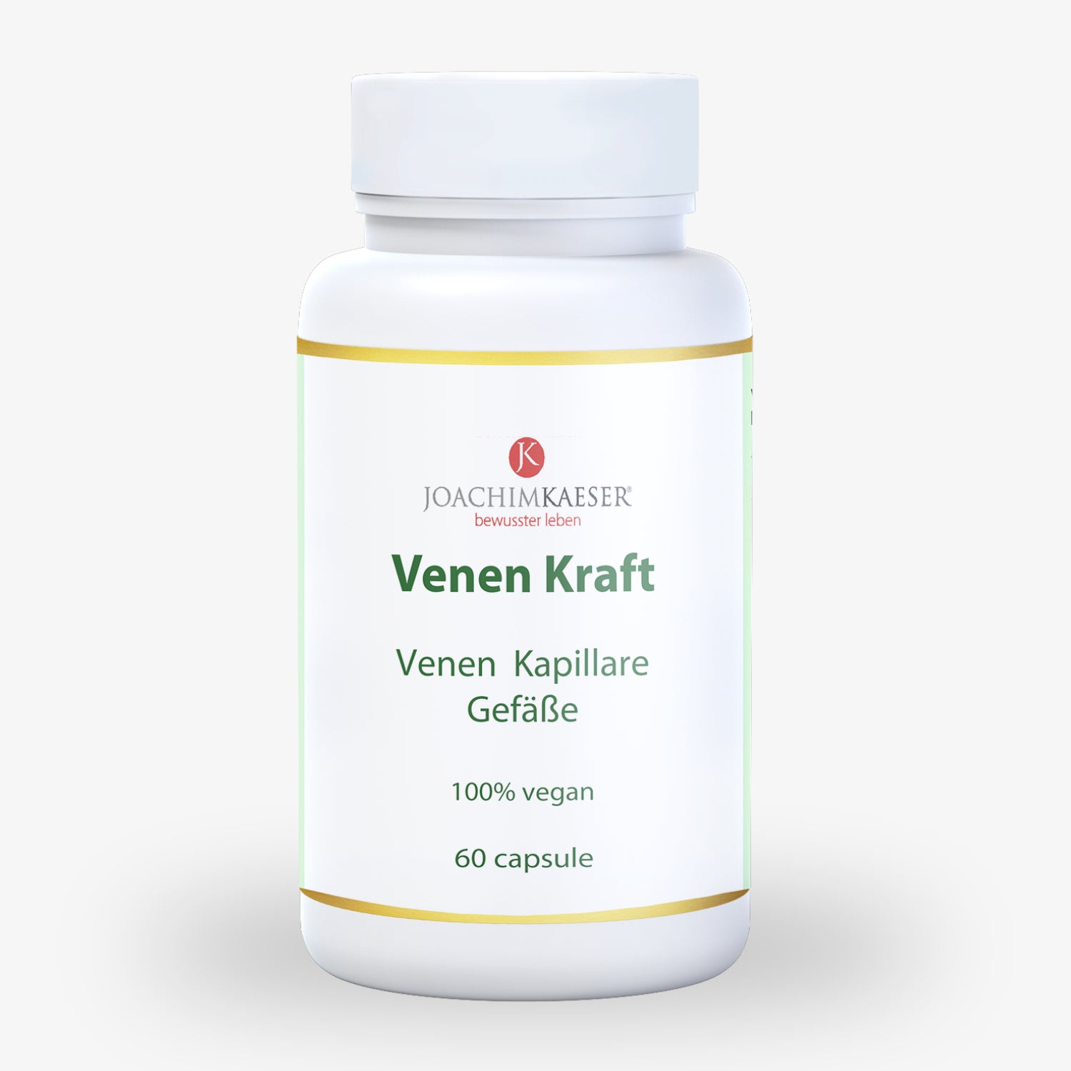 Weiße Flasche mit dem Etikett "Venen Kraft" und Hinweis auf 100% vegane Inhaltsstoffe, 60 Kapseln.