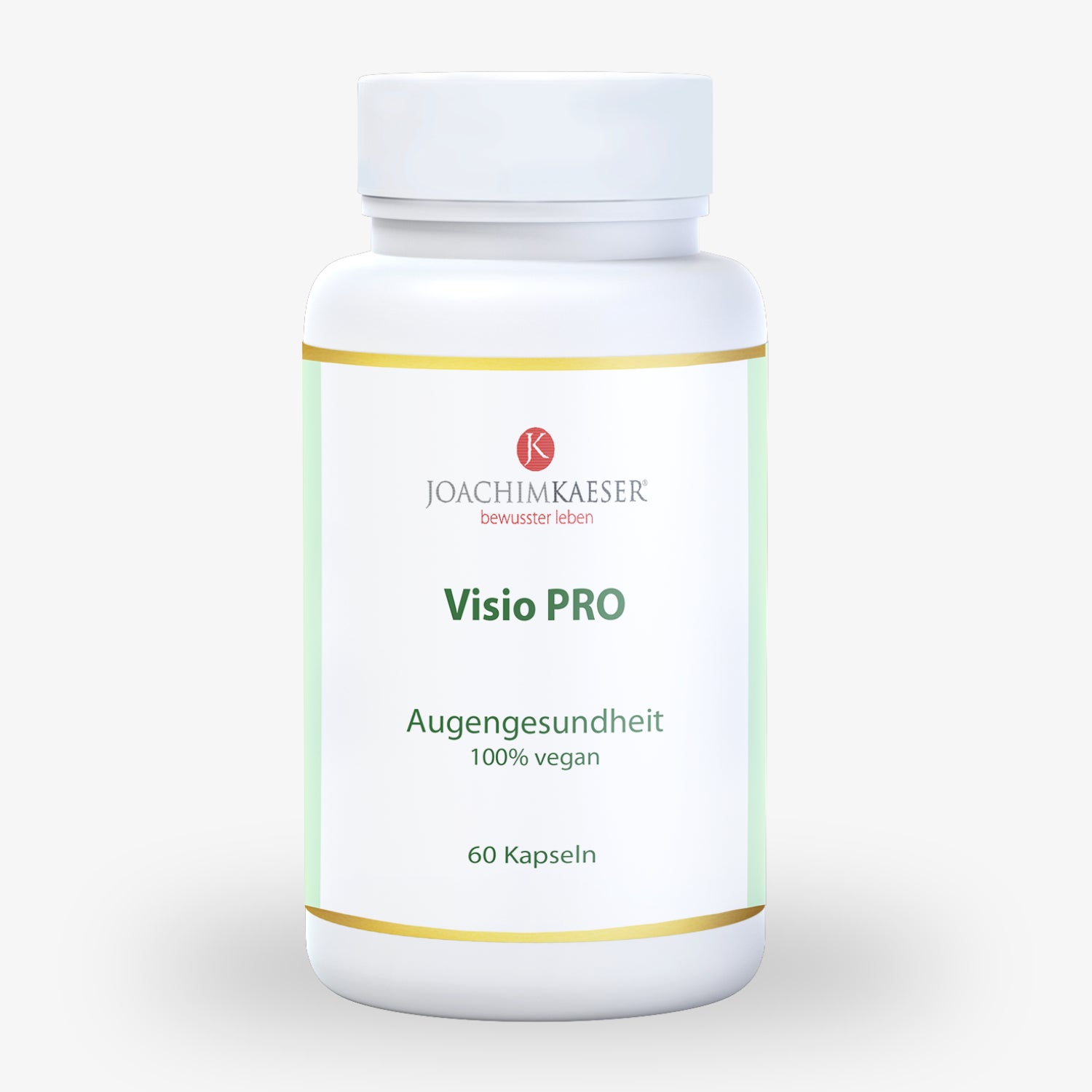 Weiße Flasche mit dem Produkt "Visio PRO" für Augengesundheit, vegan, 60 Kapseln von Joachim Kaeser.