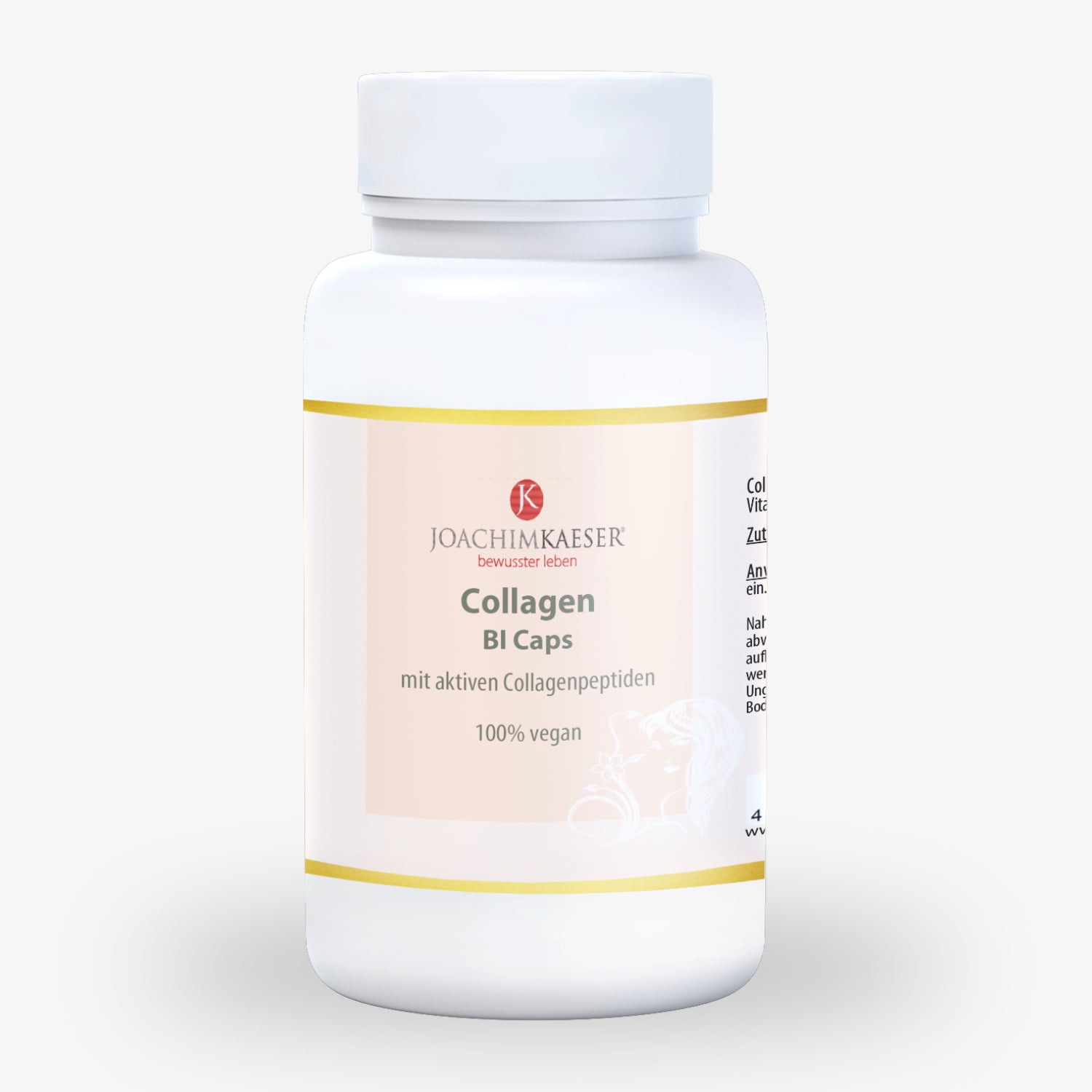 Weiße Plastikdose mit der Aufschrift „Collagen BI Caps“ von Joachim Kaeser, 100% vegan, enthält aktive Collagenpeptide.