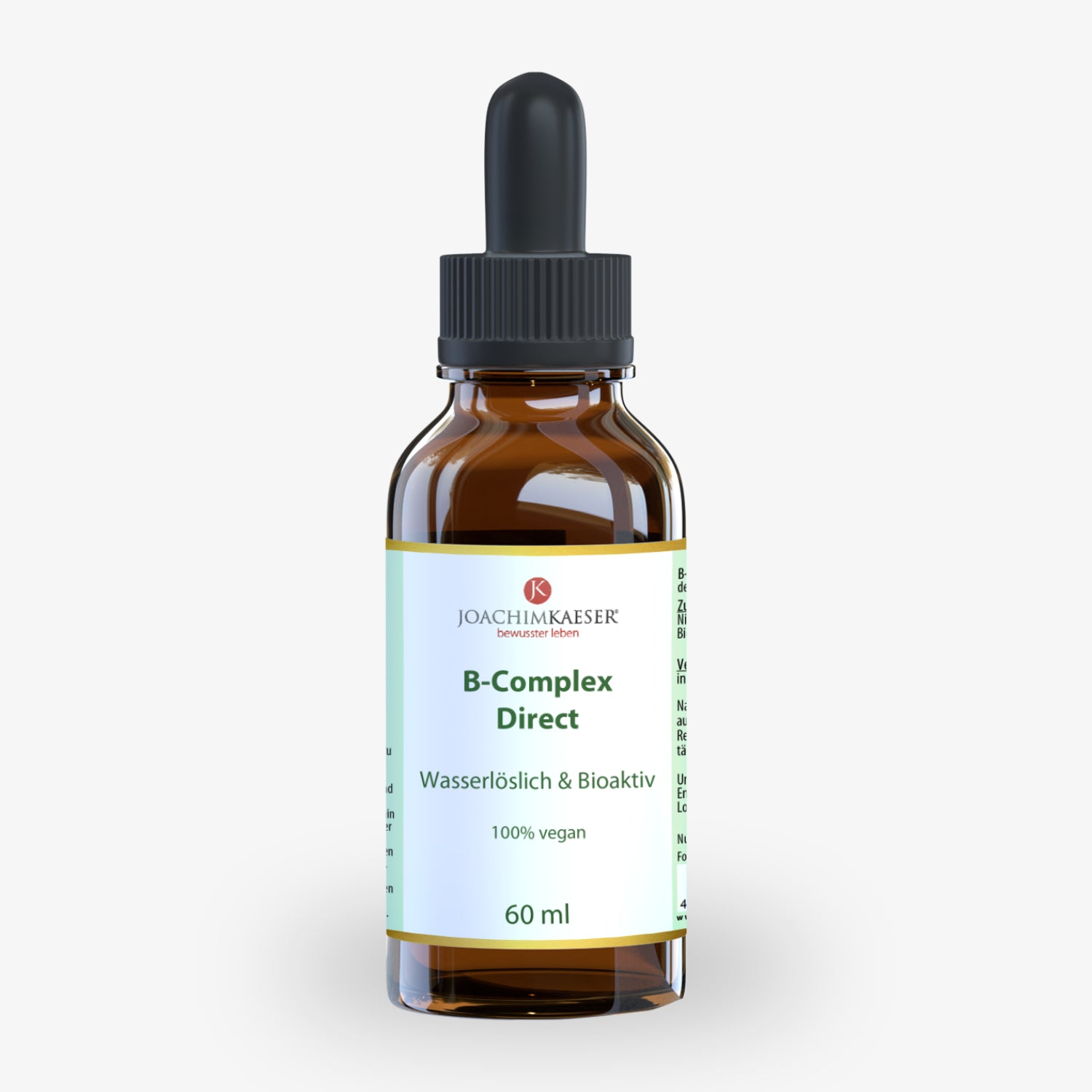 Braunes Fläschchen mit Pipette, etikettiert mit "B-Complex Direct", 60 ml, 100% vegan, von Joachimkaeser.
