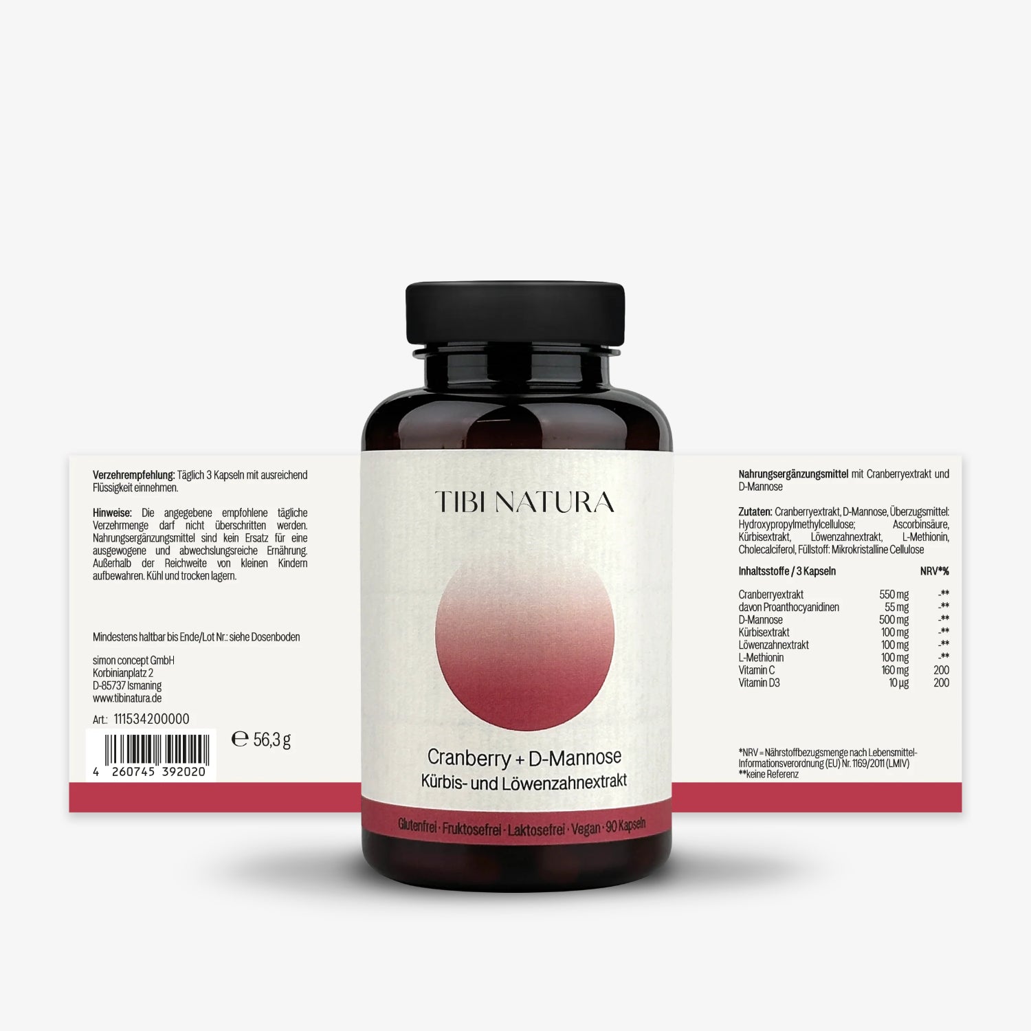 Braunes Fläschchen mit Tibi Natura Etikett, Rückseite mit Inhaltsstoffen und Verzehrempfehlung sichtbar, 90 Kapseln.