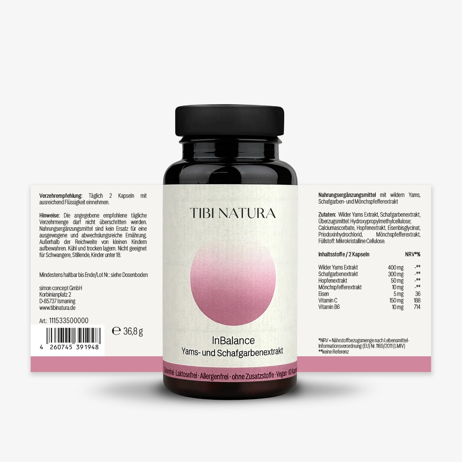 Flasche mit Nahrungsergänzungsmittel "Tibi Natura InBalance", umgeben von detaillierten Beschreibungen und Inhaltsangaben.