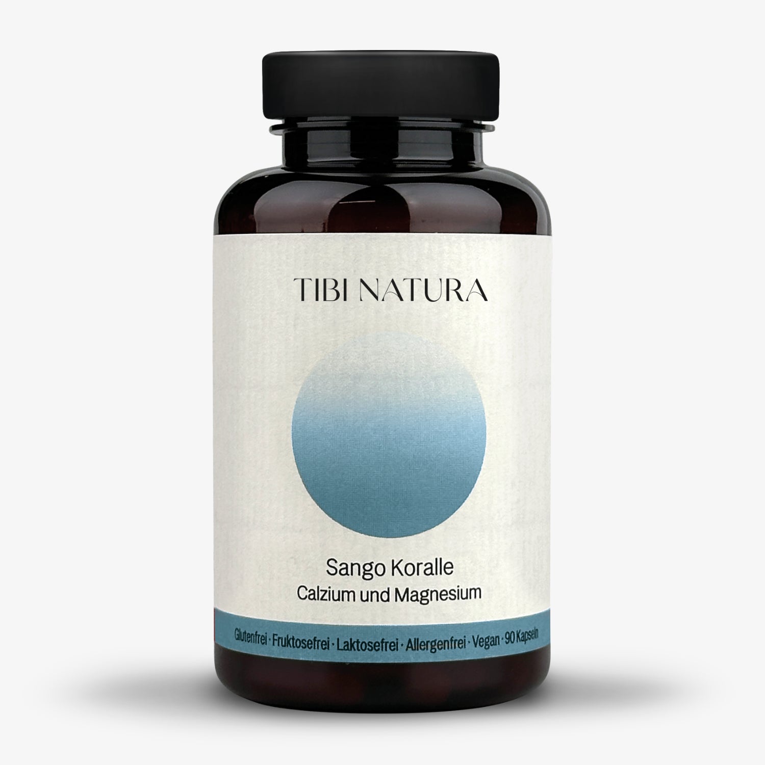 Braunes Fläschchen mit Tibi Natura Etikett für Sango Koralle, Calzium und Magnesium; 90 vegane Kapseln.