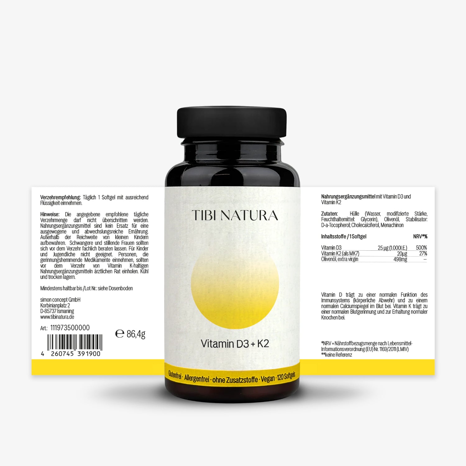 Schwarze Flasche mit Etikett "Tibi Natura Vitamin D3 + K2", umgeben von einer detaillierten Produktbeschreibung.