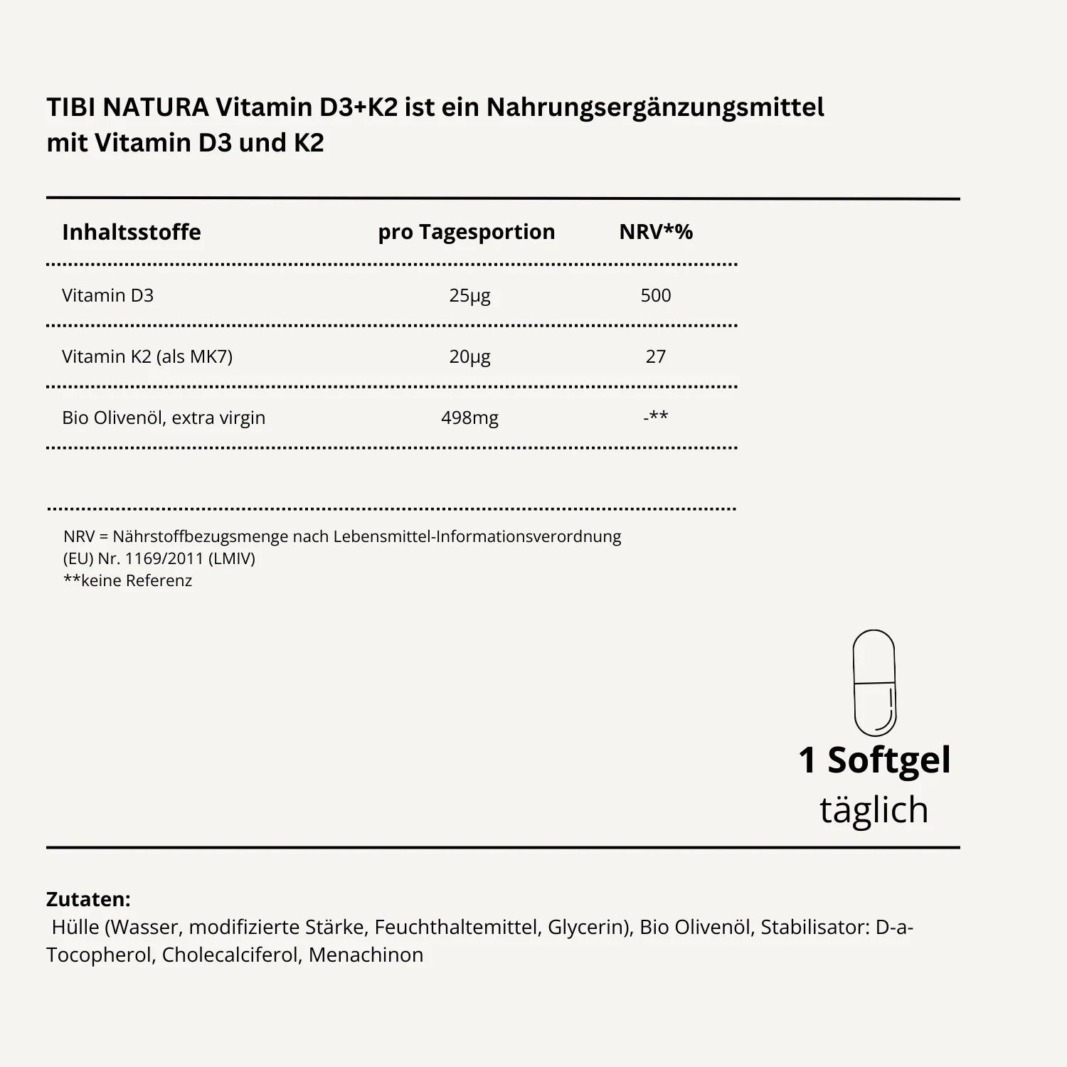 Etikett für Tibi Natura Vitamin D3+K2 Nahrungsergänzungsmittel mit Inhaltsstoffen und Dosierungsempfehlung.