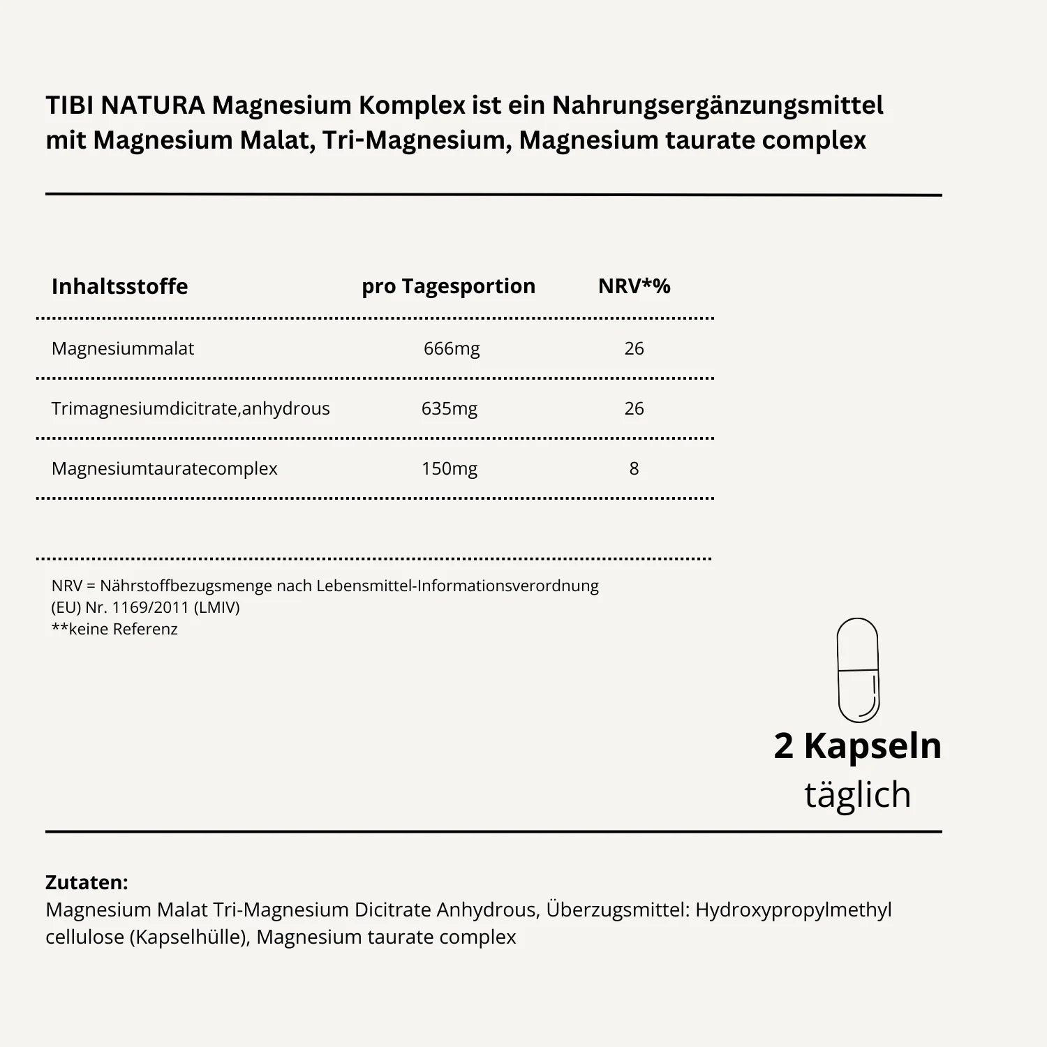 Produktetikett von TIBI NATURA Magnesium Komplex mit Inhaltsstoffen und Dosierungsempfehlung von zwei Kapseln täglich.