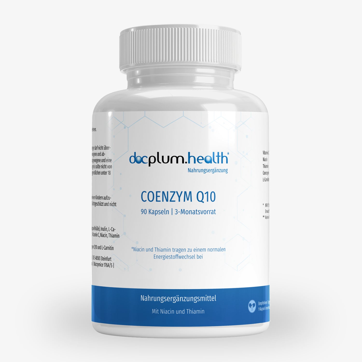 Eine weiße Flasche docplum.health Coenzym Q10 Nahrungsergänzung, 90 Kapseln, 3-Monatsvorrat.
