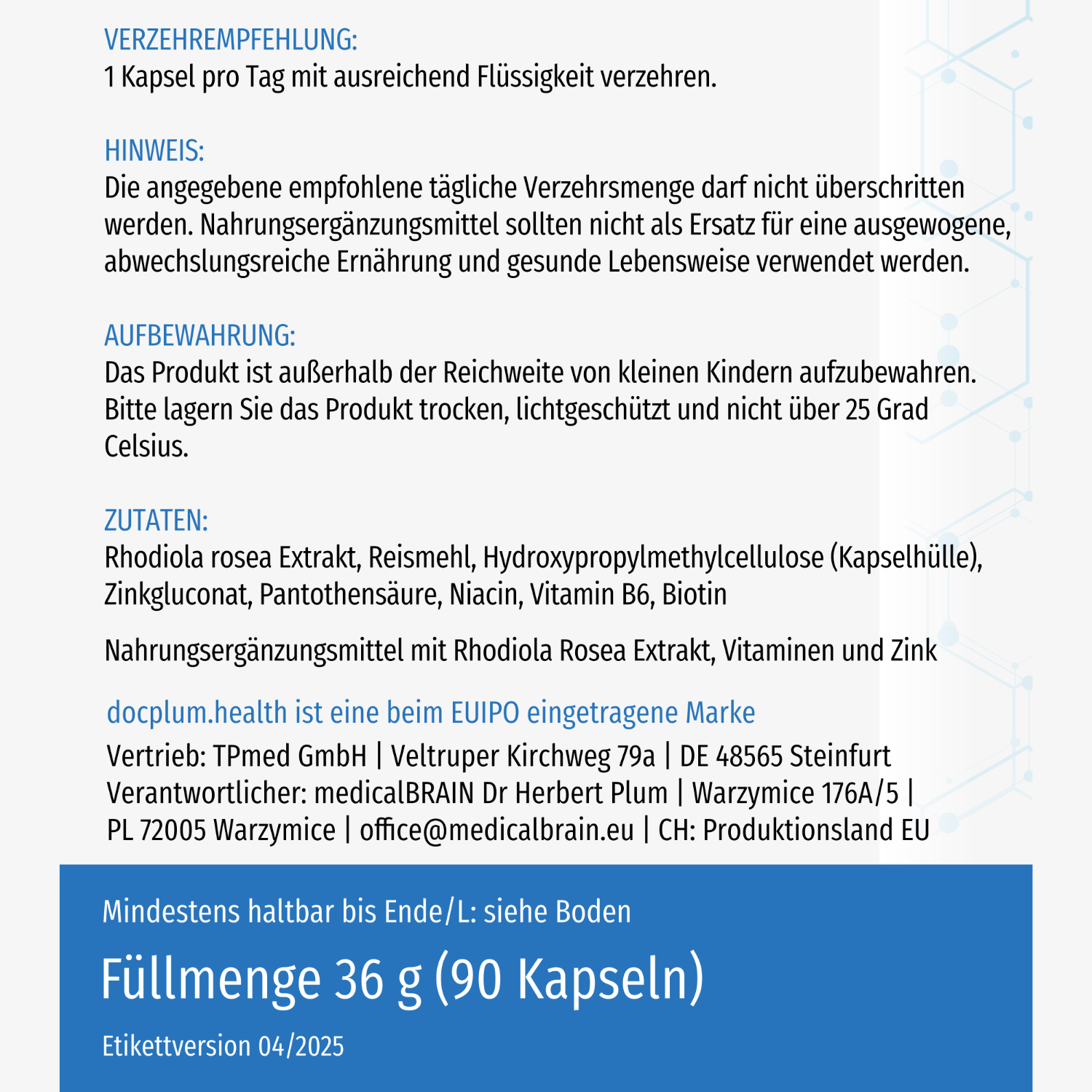 Etikettenbild für Nahrungsergänzungsmittel mit Verzehrempfehlung, Zutatenliste und Produktinformationen.