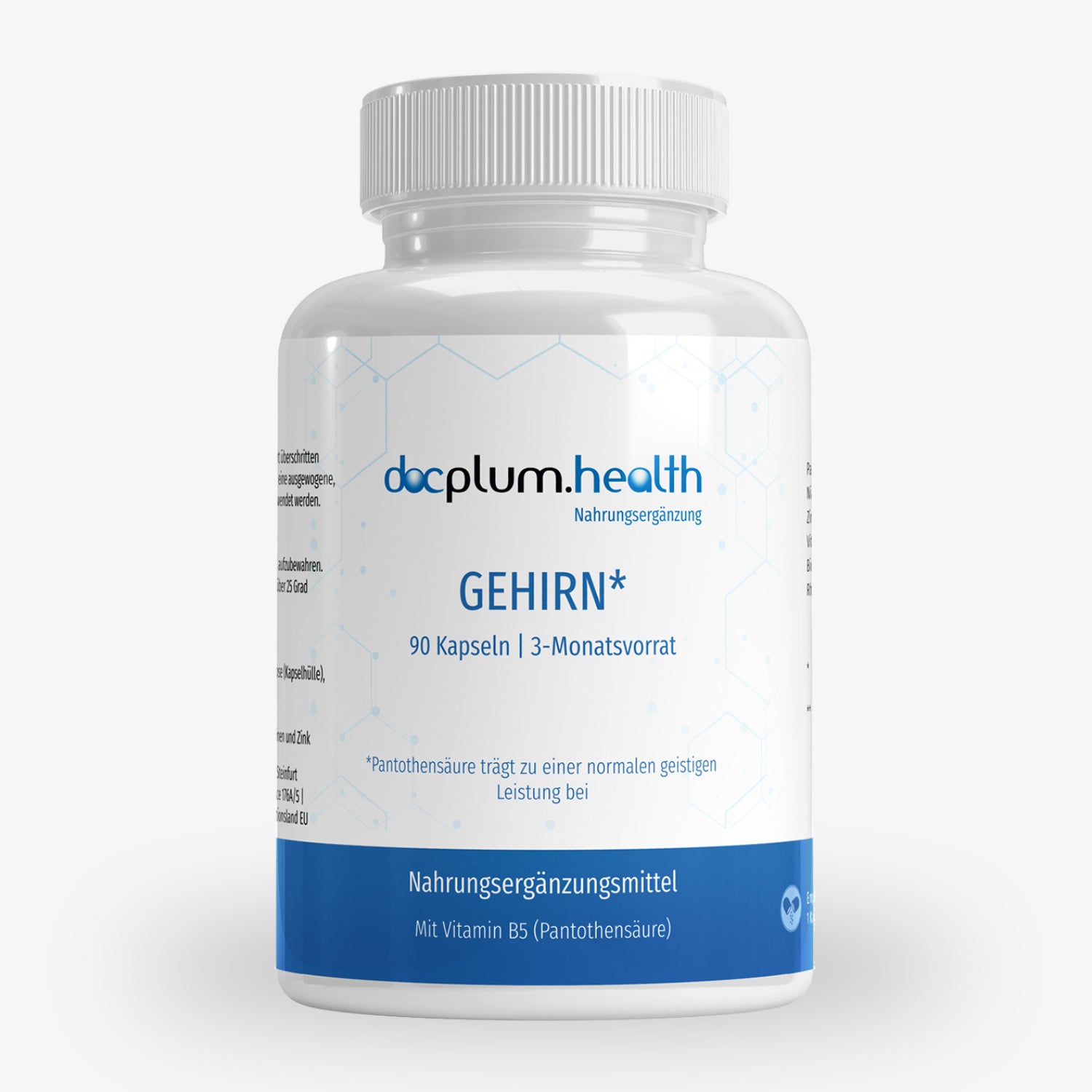 Weiße Flasche mit Nahrungsergänzungsmittel "Gehirn" von docplum.health, 90 Kapseln für 3 Monate, mit Vitamin B5.