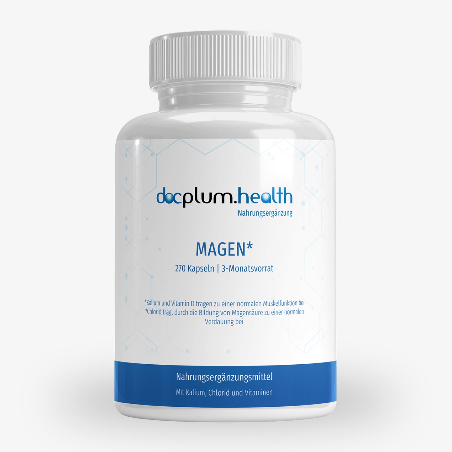 Weißes Nahrungsergänzungsmittel-Fläschchen mit blauem Etikett von "docplum.health" mit dem Titel "MAGEN".