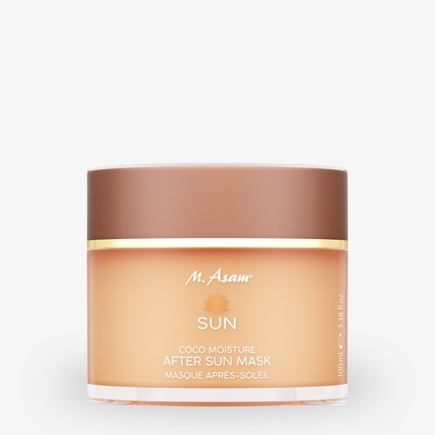 Brauner Tiegel der M. Asam Sun Coco Moisture After Sun Maske, 100 ml, auf weißem Hintergrund.