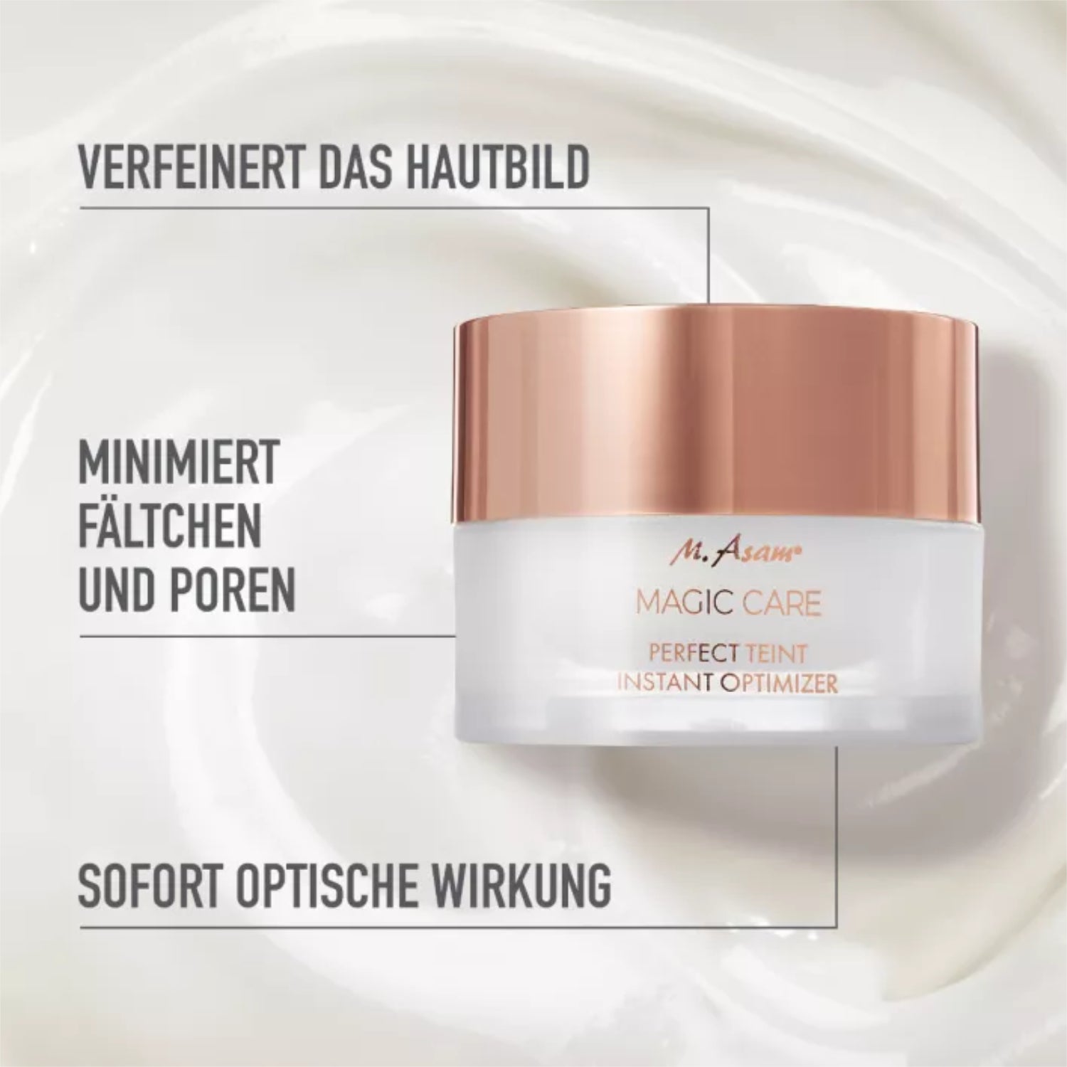 Ein Creme-Behälter mit Kupferdeckel auf cremefarbenem Hintergrund, umgeben von Text: "Verfeinert das Hautbild".