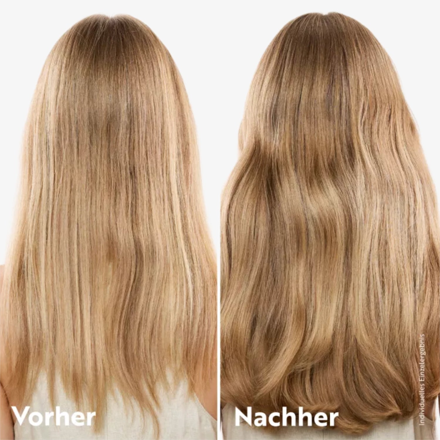 Vorher-Nachher-Vergleich von Haaren: links glattes Haar, rechts welliges und voluminöseres Haar.
