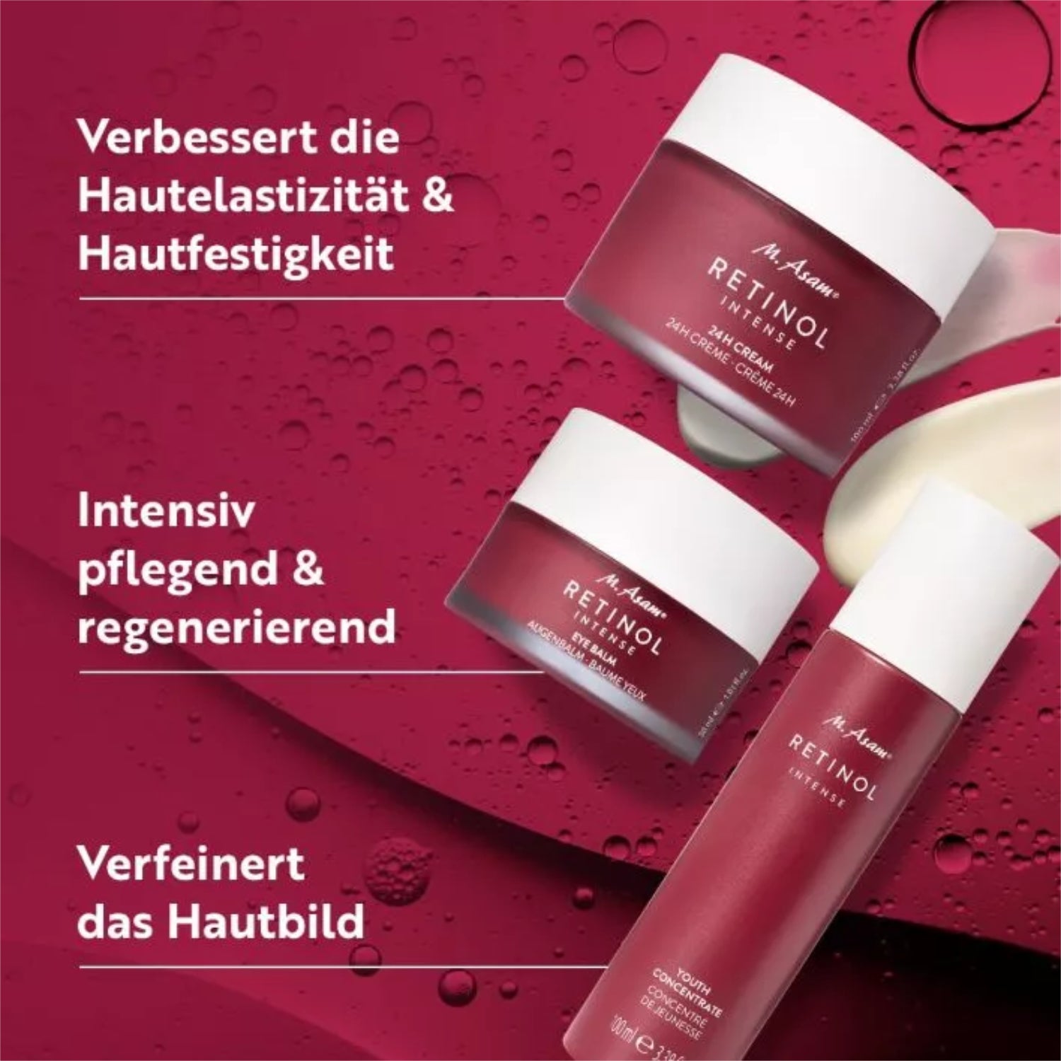 Rote Kosmetikprodukte mit Retinol, begleitet von Texten über Hautelastizität, Pflege und Hautbildverfeinerung auf rosa Hintergrund.