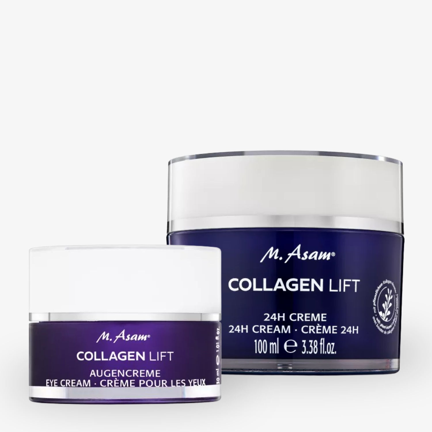Zwei Cremetiegel von M. Asam Collagen Lift, eine Augencreme und eine 24-Stunden-Creme, vor einem weißen Hintergrund.