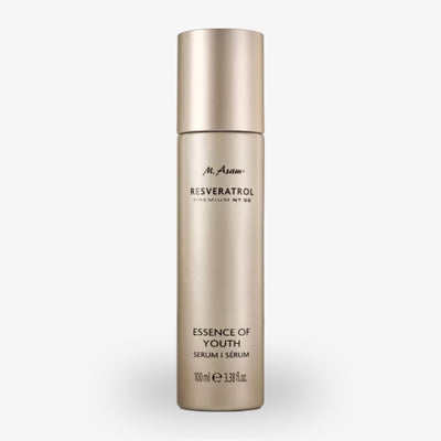 Beige Flasche des M. Asam Resveratrol Essence of Youth Serums mit einer Füllmenge von 100 ml.