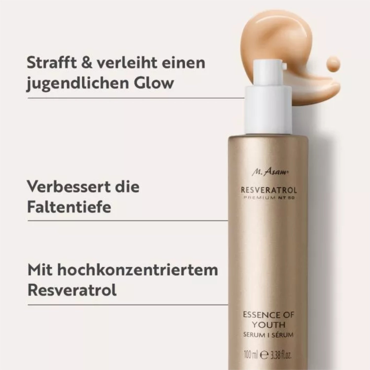 Flasche eines Resveratrol-Serums mit Farbe daneben und Text: "Strafft & verleiht einen jugendlichen Glow".