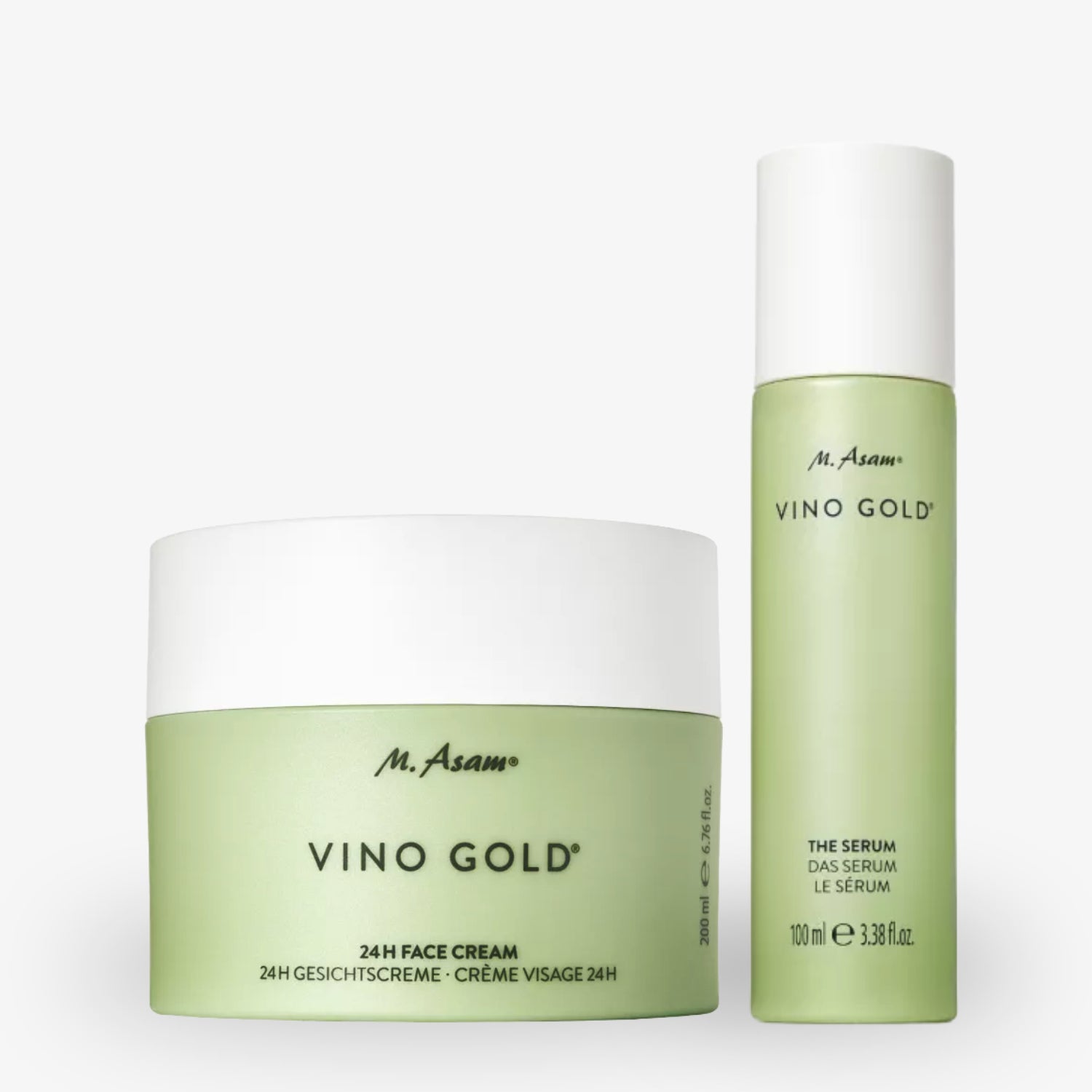 Zwei Vino Gold Produkte von M. Asam: eine grüne Gesichtscreme und ein Serum auf hellem Hintergrund.