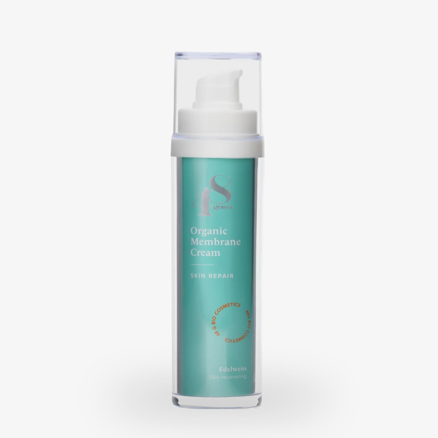 Flasche mit türkisfarbener Bio-Membran-Creme zur Hautreparatur, mit transparentem Deckel und weißem Pumpspender.