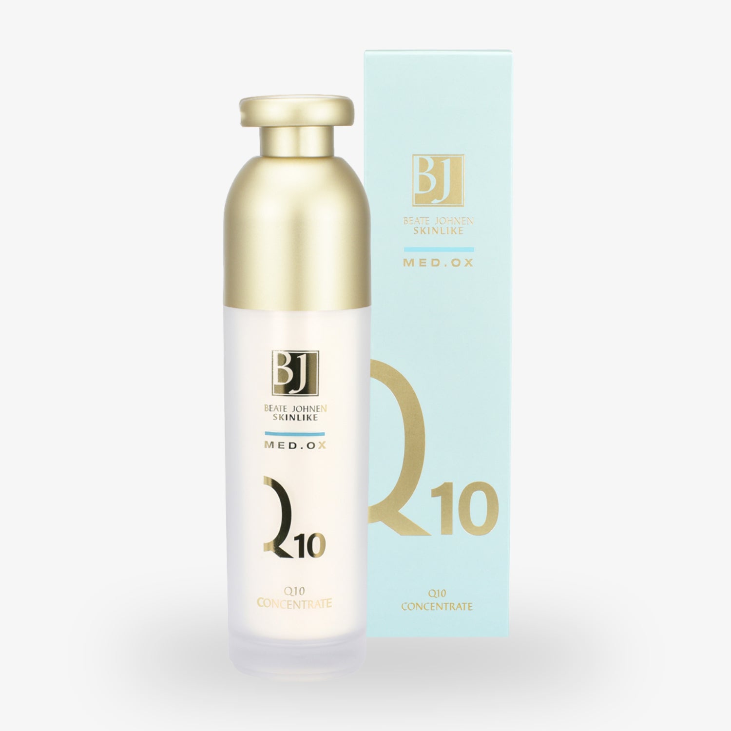 Flasche Beate Johnen SKINLIKE MED.OX Q10 Konzentrat neben einer dazugehörigen Verpackung auf weißem Hintergrund.