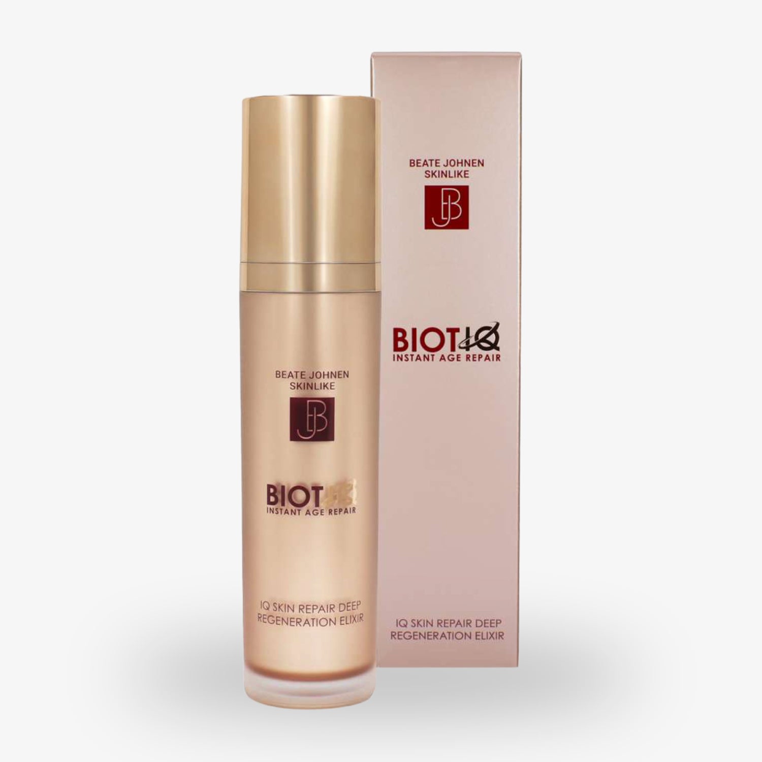 Flasche und Verpackung von "Beate Johnen Skinlike Biotox Instant Age Repair Elixir" auf weißem Hintergrund.