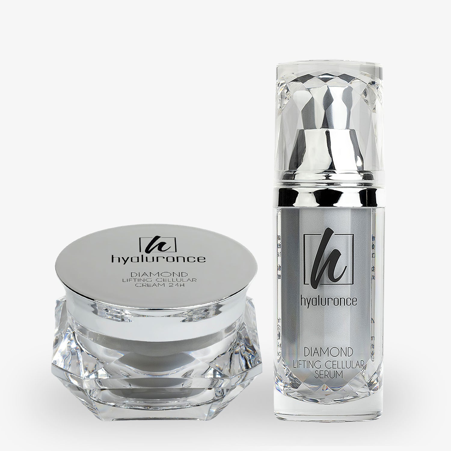 Silberfarbene Cremedose und Serumflasche von "hyaluronce" mit diamantähnlichen Verschlüssen vor weißem Hintergrund.