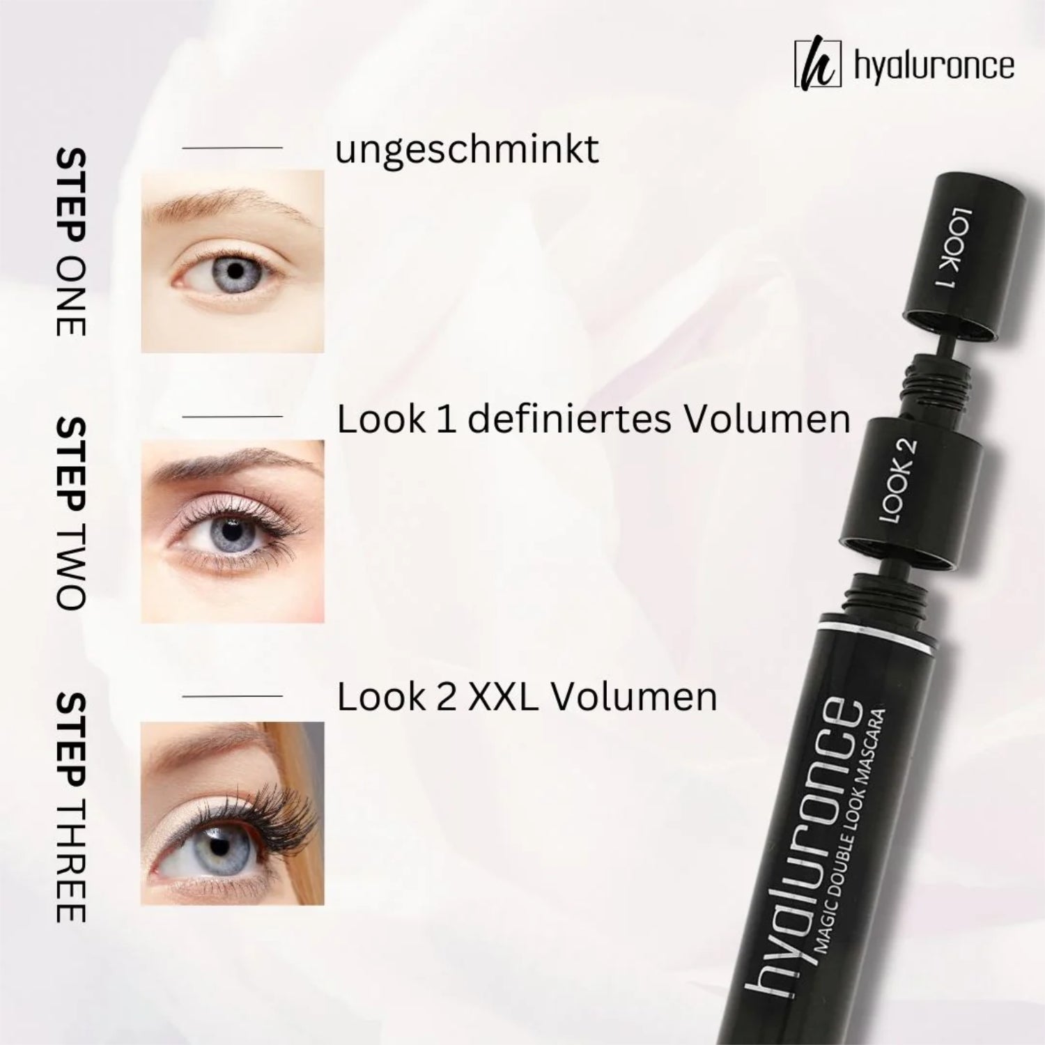 Bild zeigt drei Schritte der Mascara-Anwendung von ungeschminkt bis zu definiertem XXL-Volumen mit Hyaluronce-Mascara.
