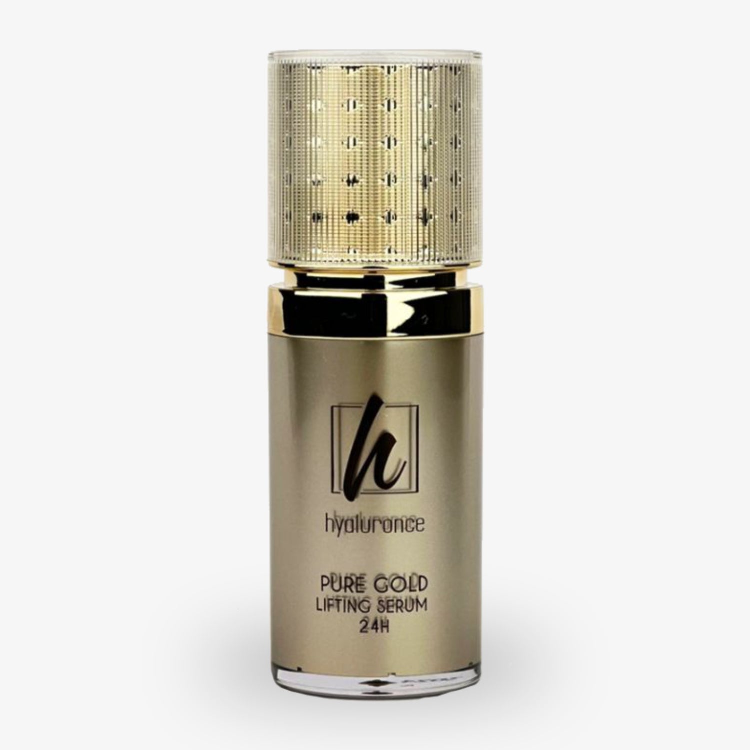 Goldene Flasche mit glänzendem Verschluss, beschriftet mit "Pure Gold Lifting Serum 24H" und Logo "hyaluronce".