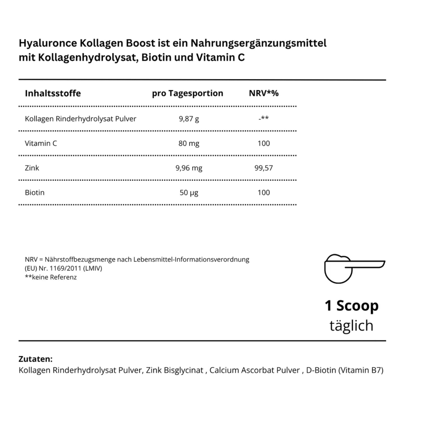 Hyaluronce Kollagen Boost Pulver 30 Tage - 300 g Inhaltsstoffe und Nährwerte, tägliche Zugabe von Kollagen und Mikronährstoffen.