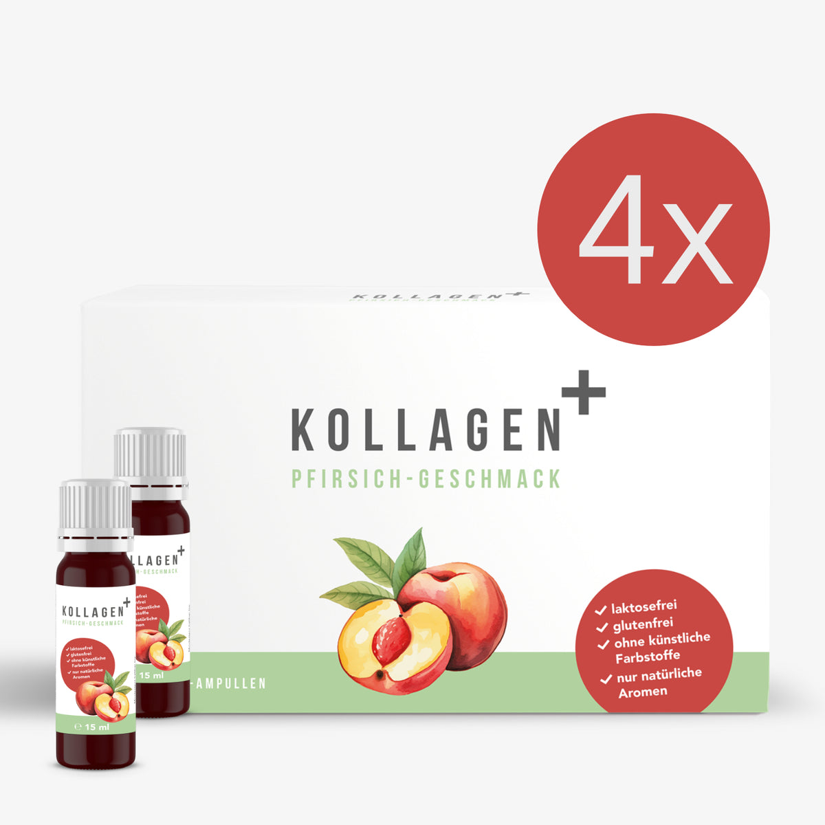 Weiße Verpackung von Kollagen+ in Pfirsich-Geschmack mit zwei Ampullen, Pfirsichabbildung und rotem "4x" Kreis.