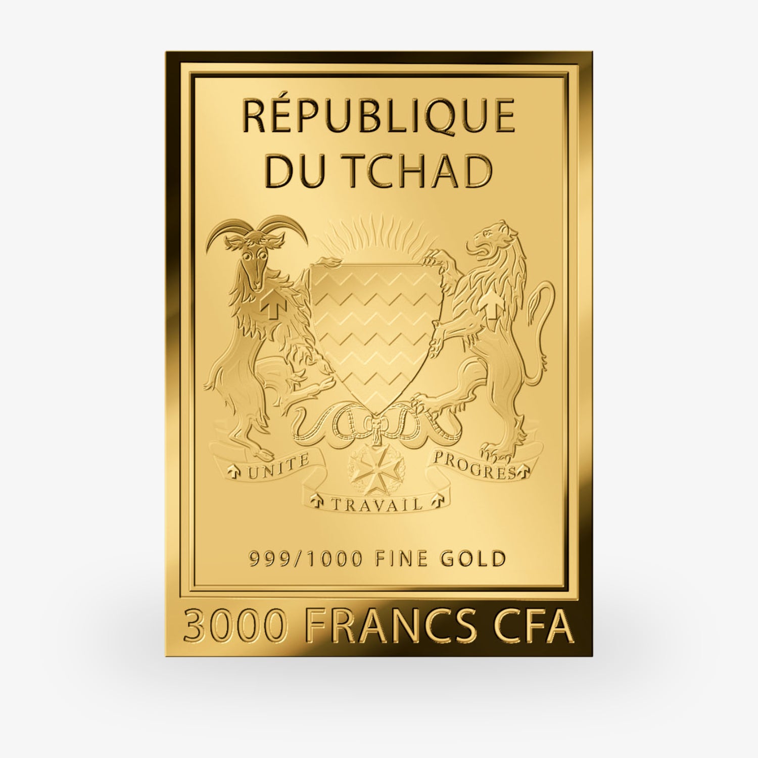 Goldene rechteckige Münze mit dem Wappen des Tschad, Werten und Slogan „UNICITÉ TRAVAIL PROGRÈS“.