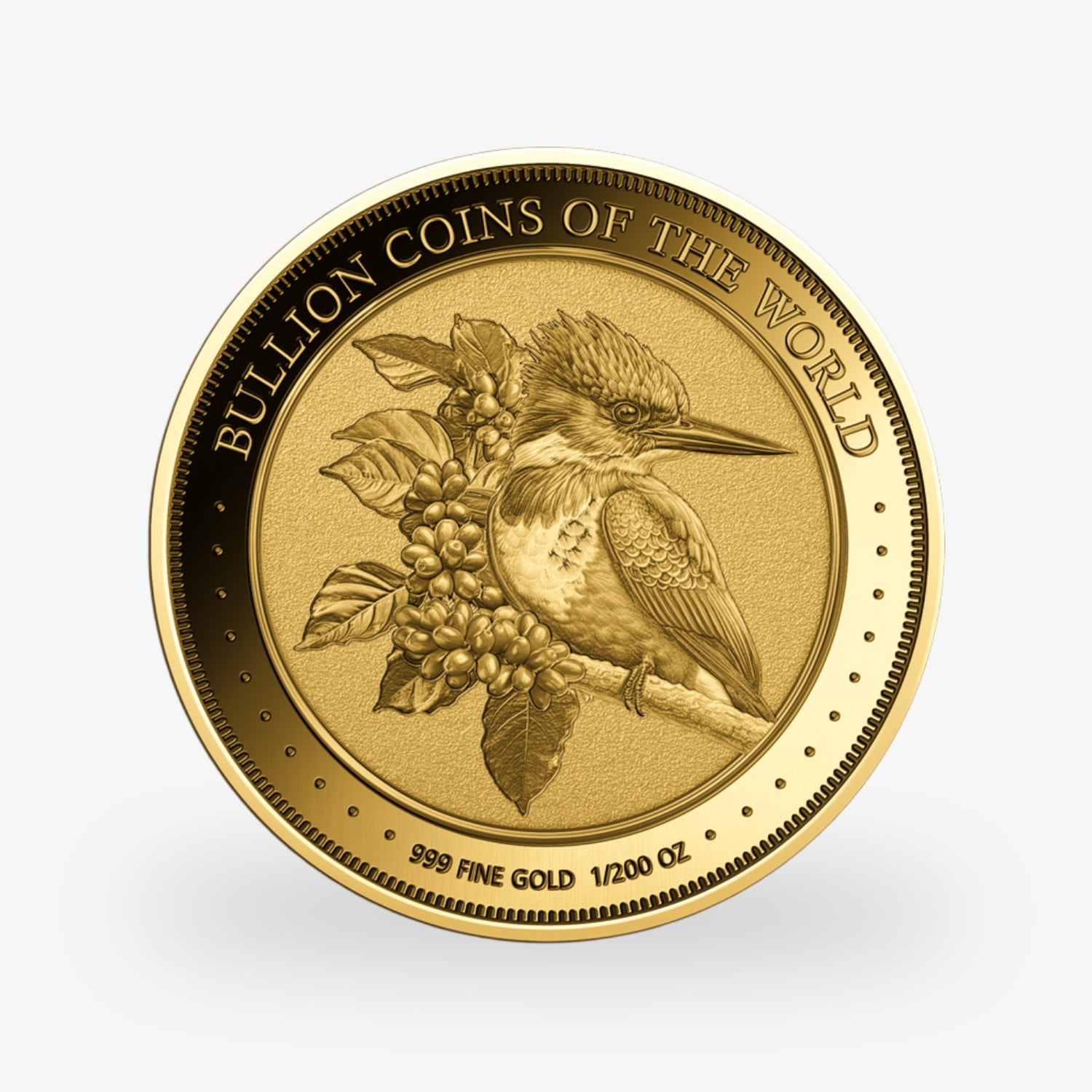 Goldmünze mit einem detaillierten Vogel und Zweigen, beschriftet mit "Bullion Coins of the World" und Goldgehaltsspezifikation.