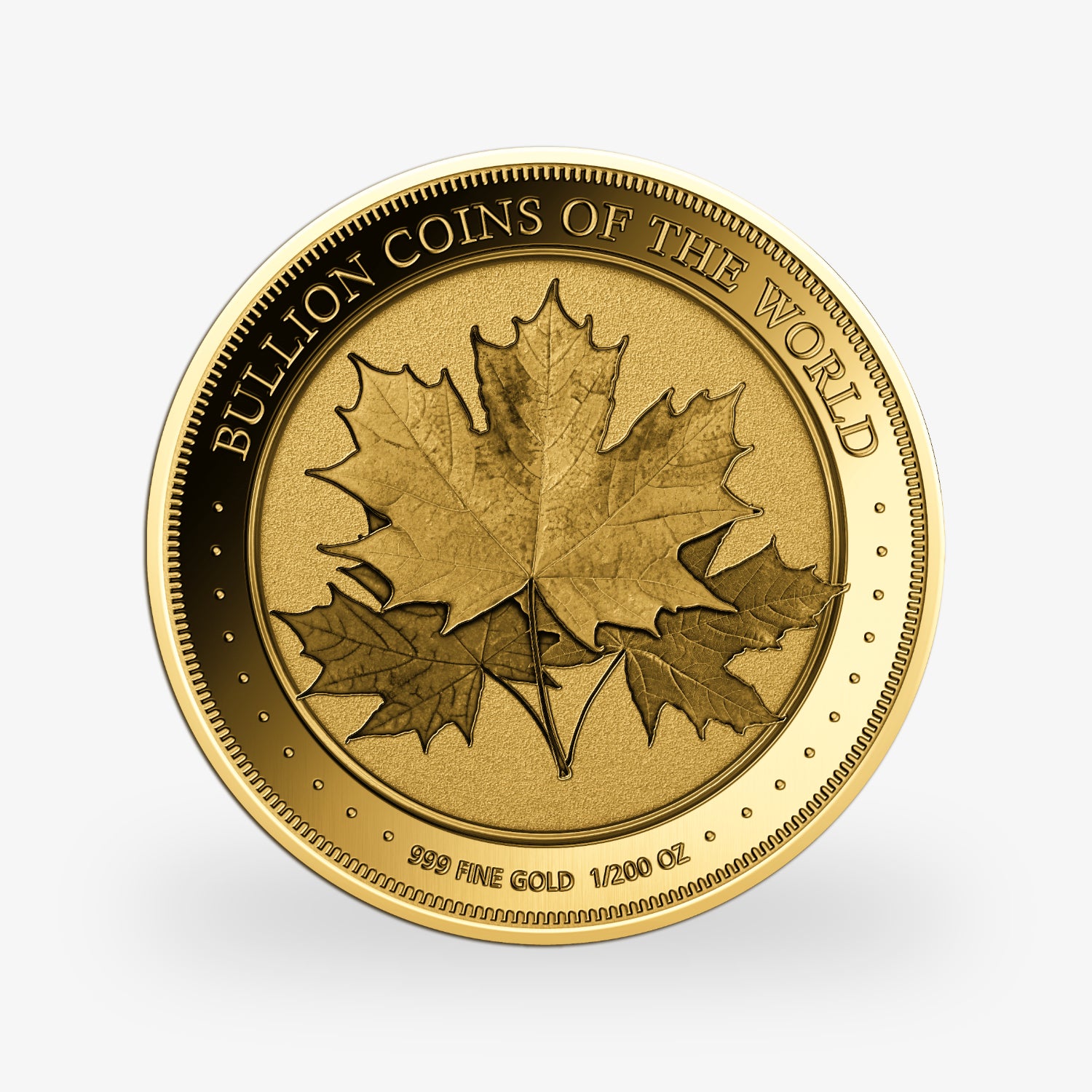 Goldene Münze mit Ahornblatt-Design, umgeben von der Aufschrift „Bullion Coins of the World“.