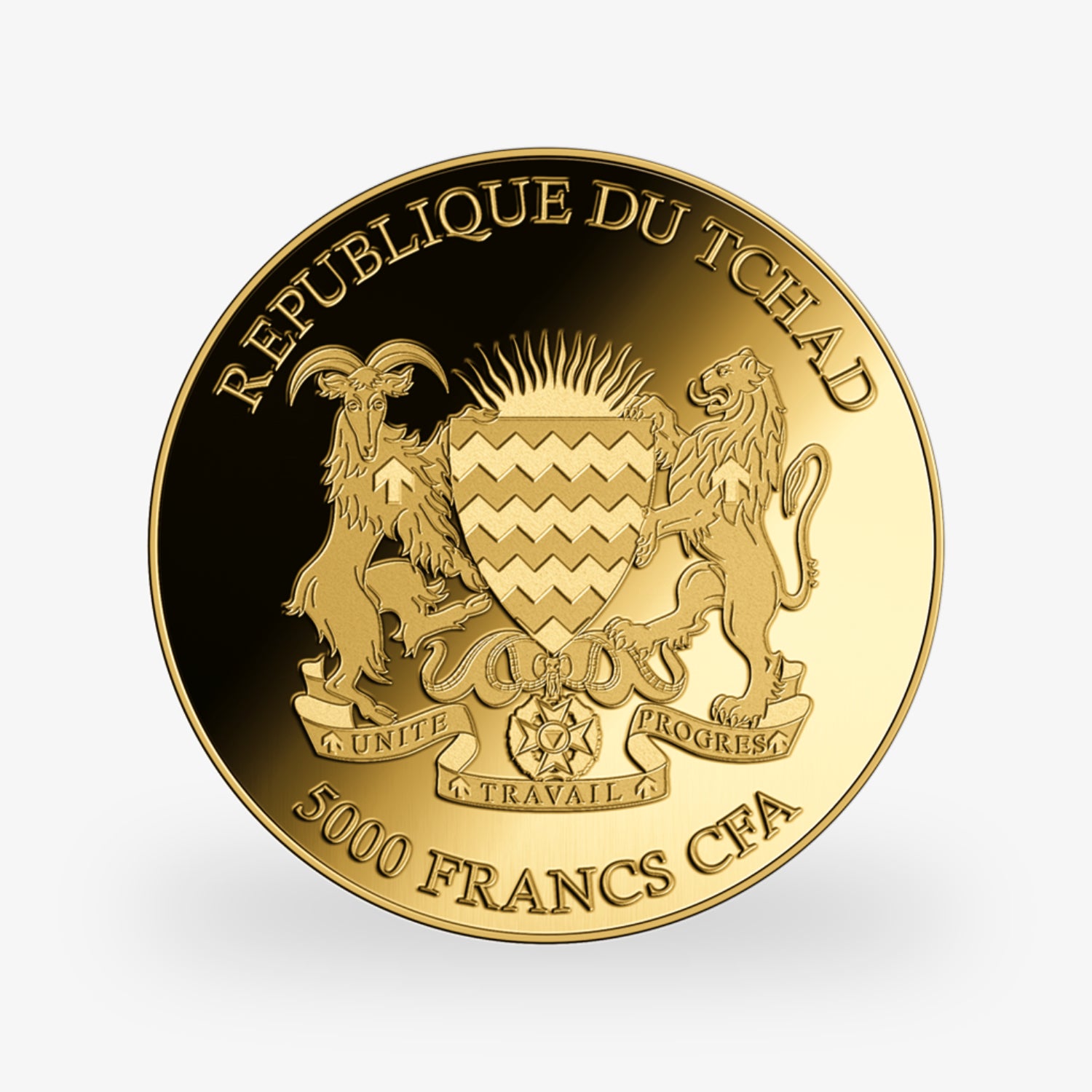 Goldene Münze der Republik Tschad mit einem Wappen, einem Ziegenbock und einem Löwen, Wert: 5000 CFA-Francs.