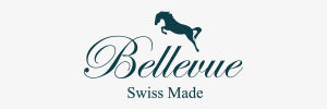 Logo mit galoppierendem Pferd über dem Schriftzug "Bellevue Swiss Made" auf grauem Hintergrund.
